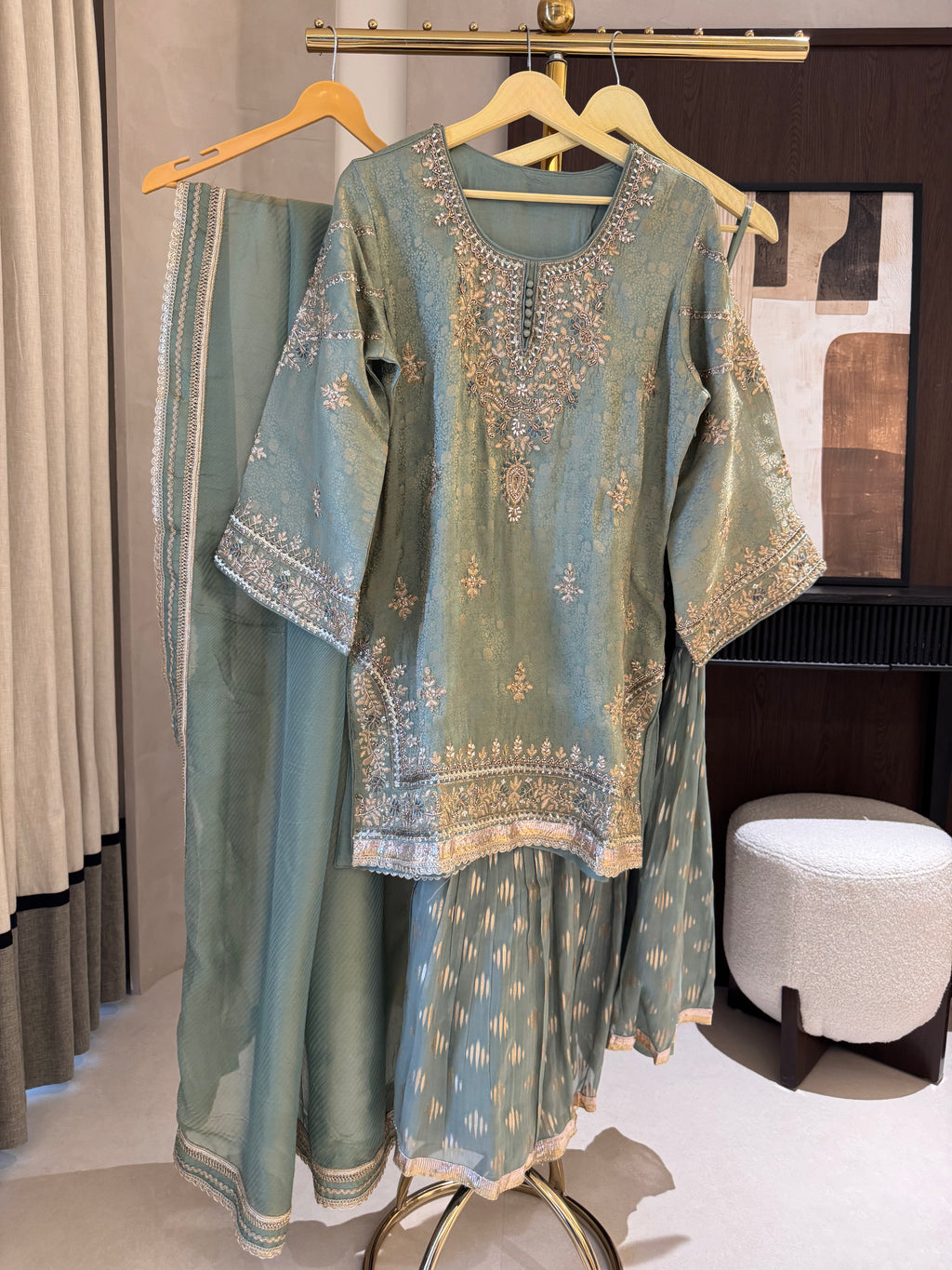 The Gharara Edit Vol. 01 — Banarasi Silk Set with Zardosi Work-sage front