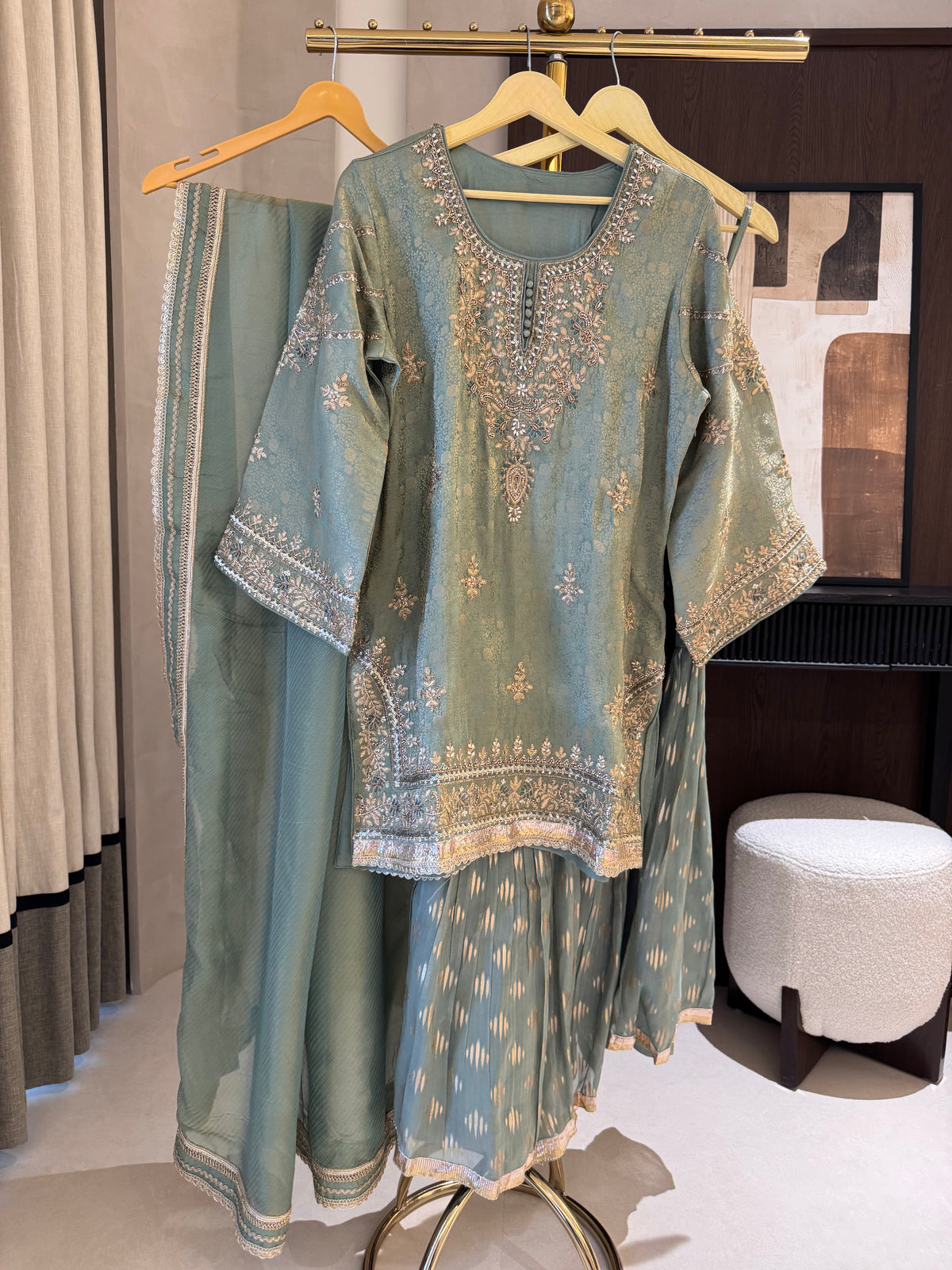 The Gharara Edit Vol. 01 — Banarasi Silk Set with Zardosi Work-sage front