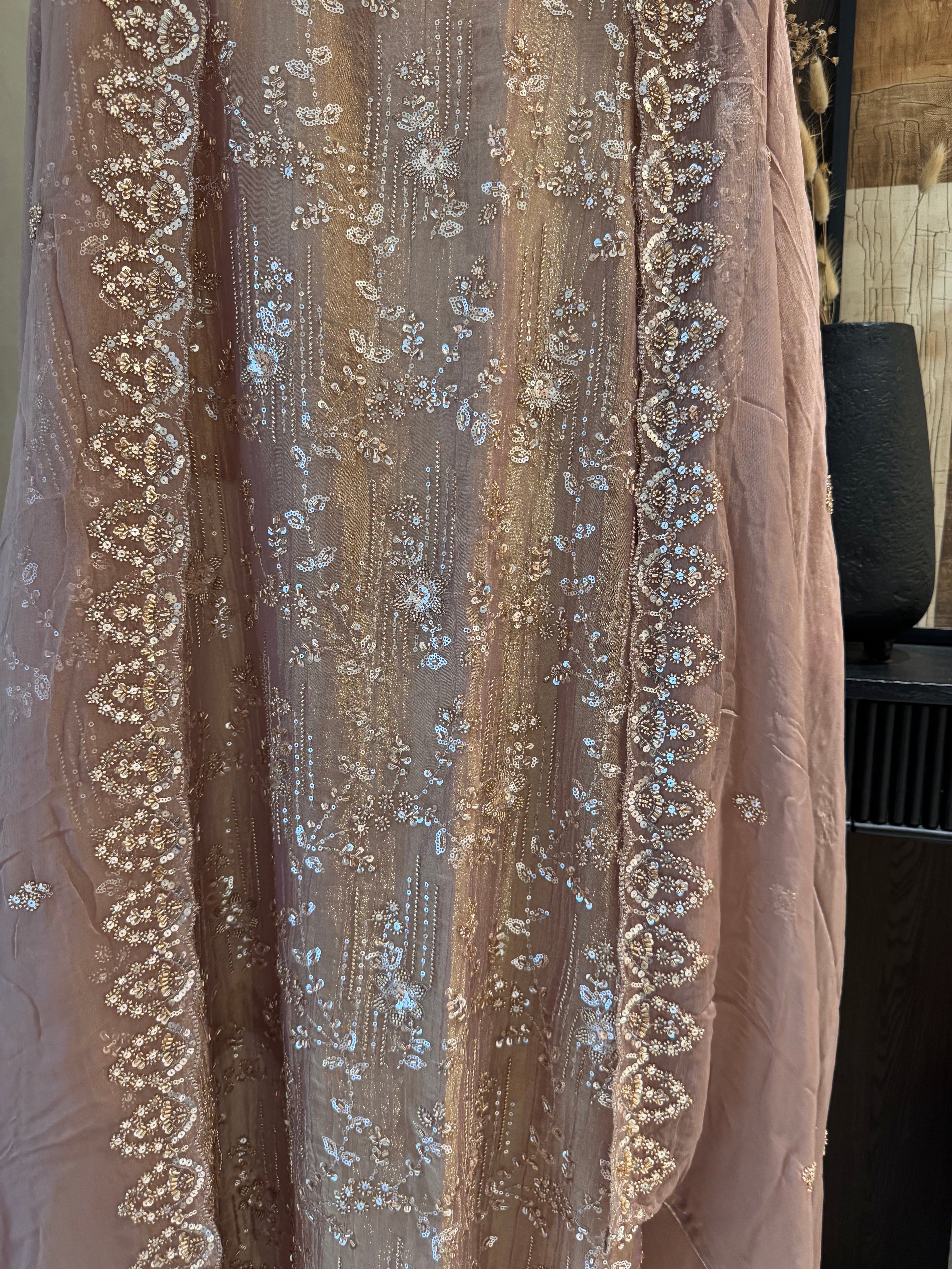 The Amara Bloom — Crush Shimmer Suit with Heavy Beadwork-olive sage-close up