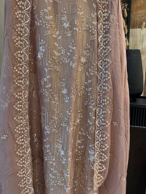 The Amara Bloom — Crush Shimmer Suit with Heavy Beadwork-olive sage-close up