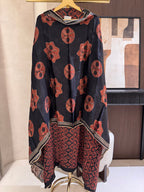 The Ajrakh Muse — Gaji Silk Digital Print Suit with Mirror Work-charcoal black-close up