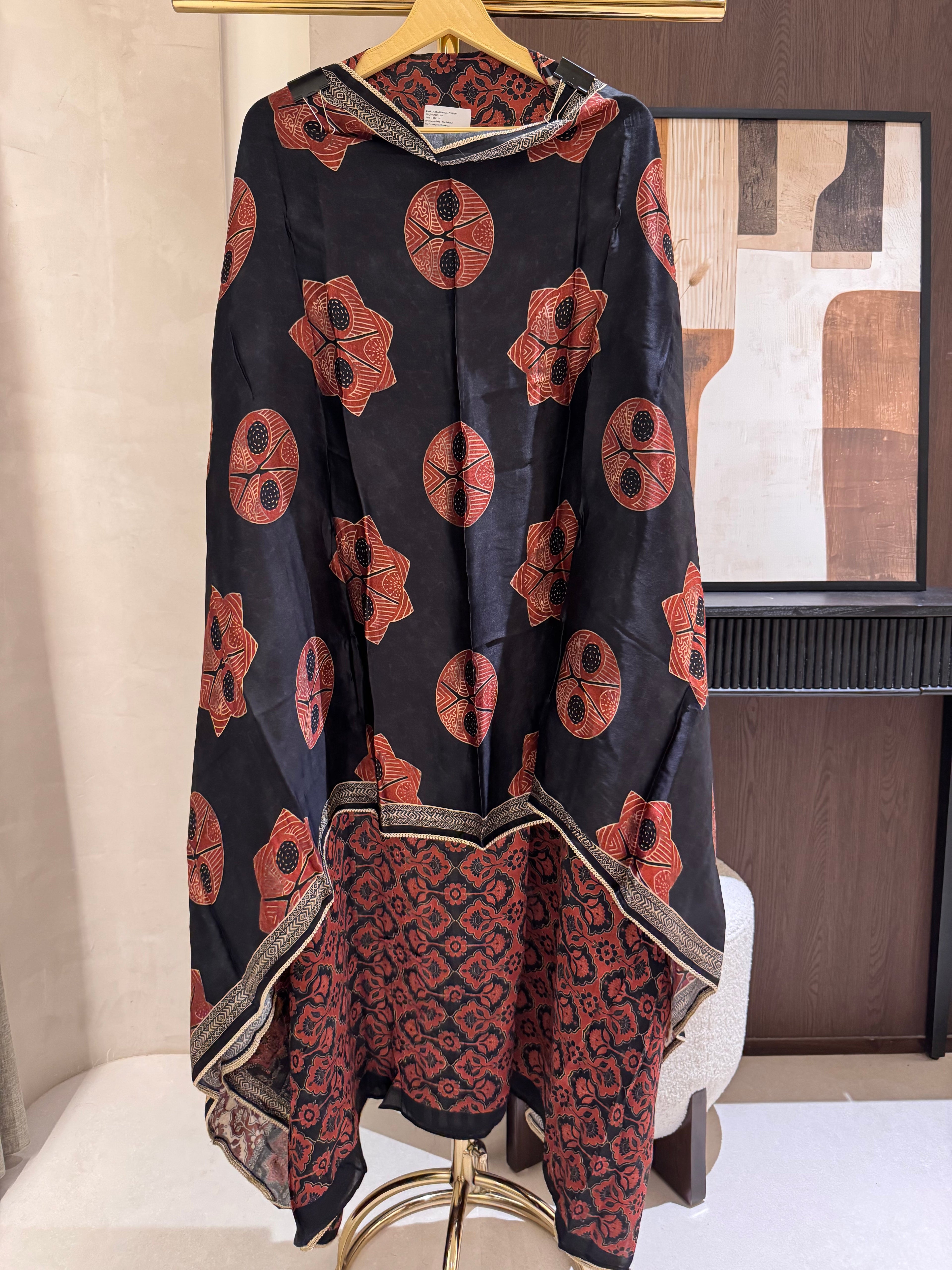 The Ajrakh Muse — Gaji Silk Digital Print Suit with Mirror Work-charcoal black-close up