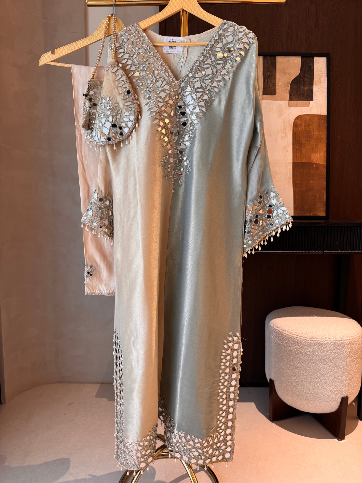 Giraffe Silk Readymade Long Top Set with Mirror Work & Potli