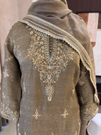 The Gharara Edit Vol. 01 — Banarasi Silk Set with Zardosi Work-olive bronze front Close up