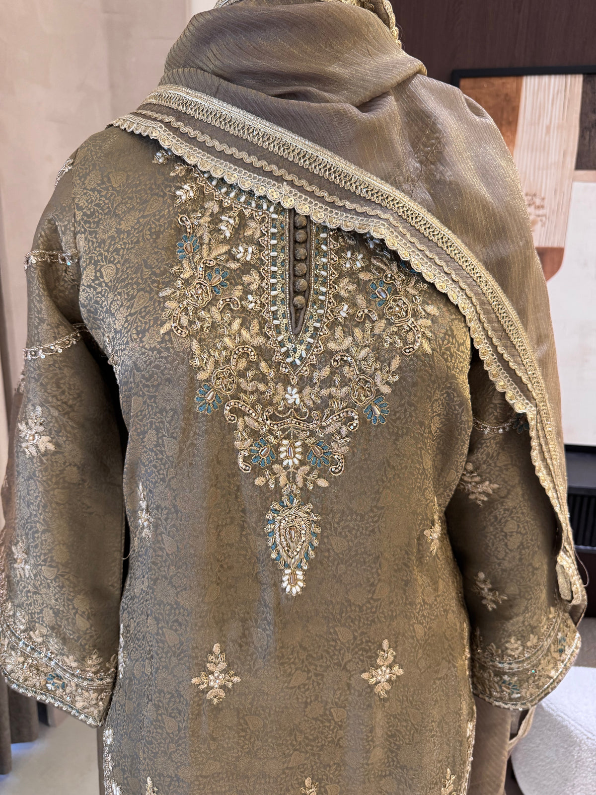 The Gharara Edit Vol. 01 — Banarasi Silk Set with Zardosi Work-olive bronze front Close up