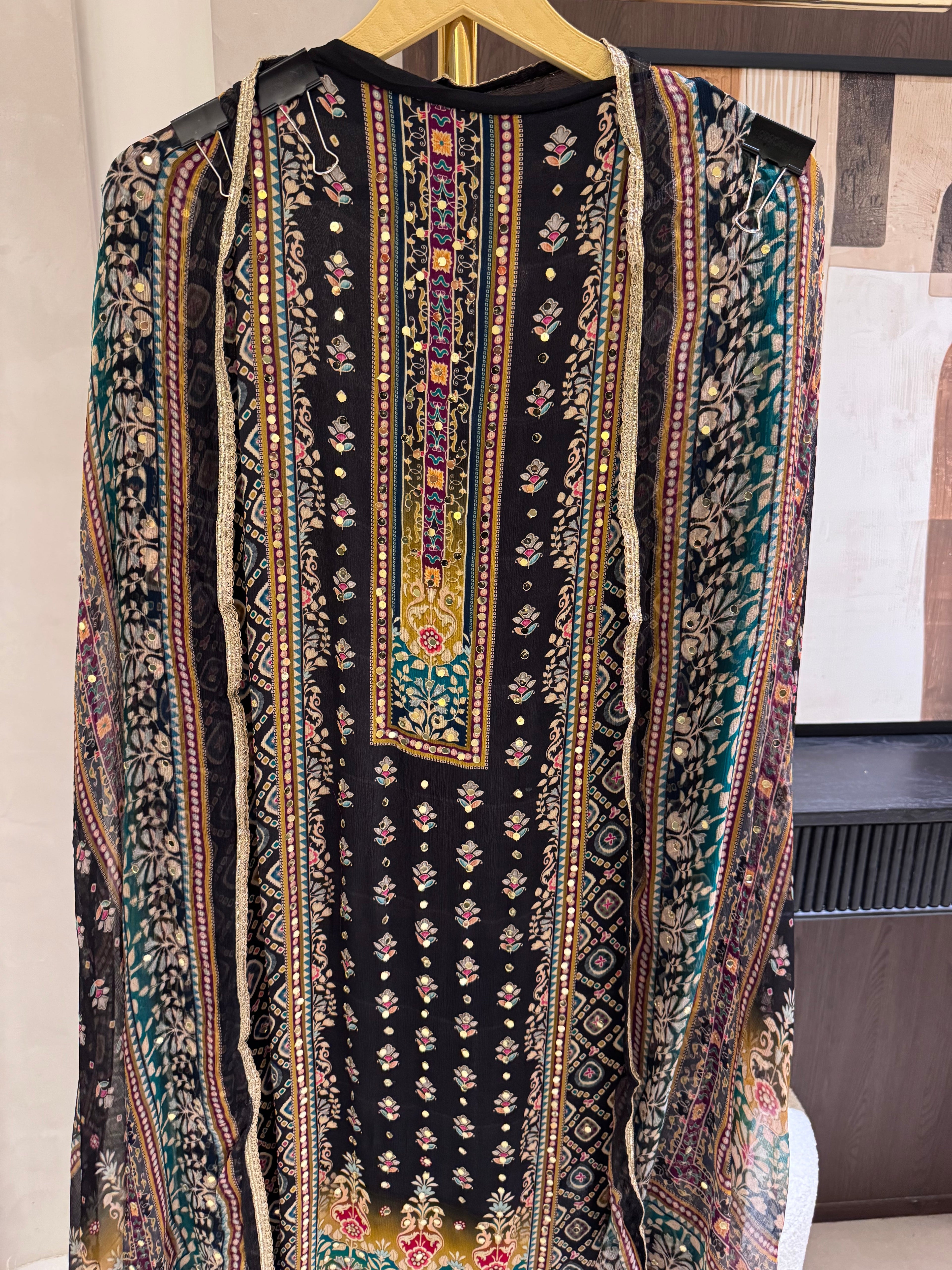 The Hailey Bloom — Chinnon Digital Print Suit with Mirror Work-olive green-close up