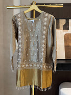 The Gilded Muse — Shimmer Tissue Top & Pant Set with Zardosi-golden camel-front