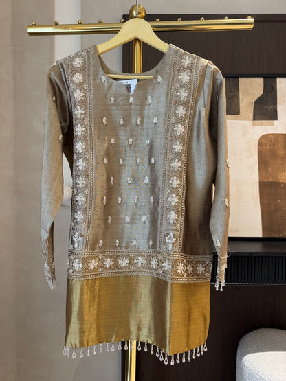 Shimmer Tissue Readymade Top & Pant Set with Thread Work & Zardozi Highlights