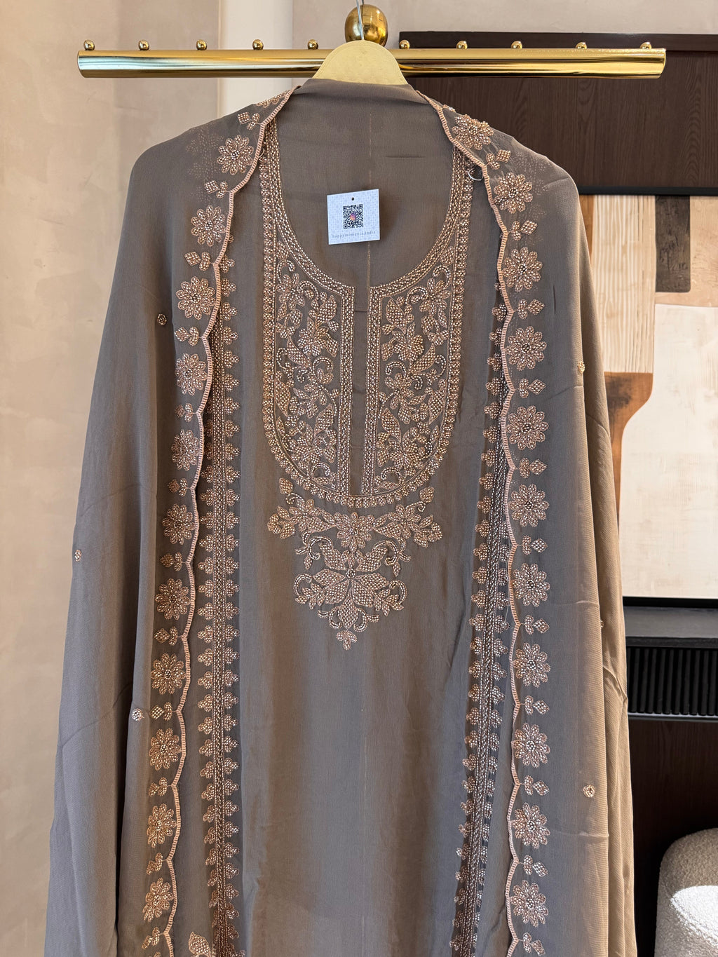 The Wren Bloom — Beadwork Embroidered Georgette Suit-ivory-close up