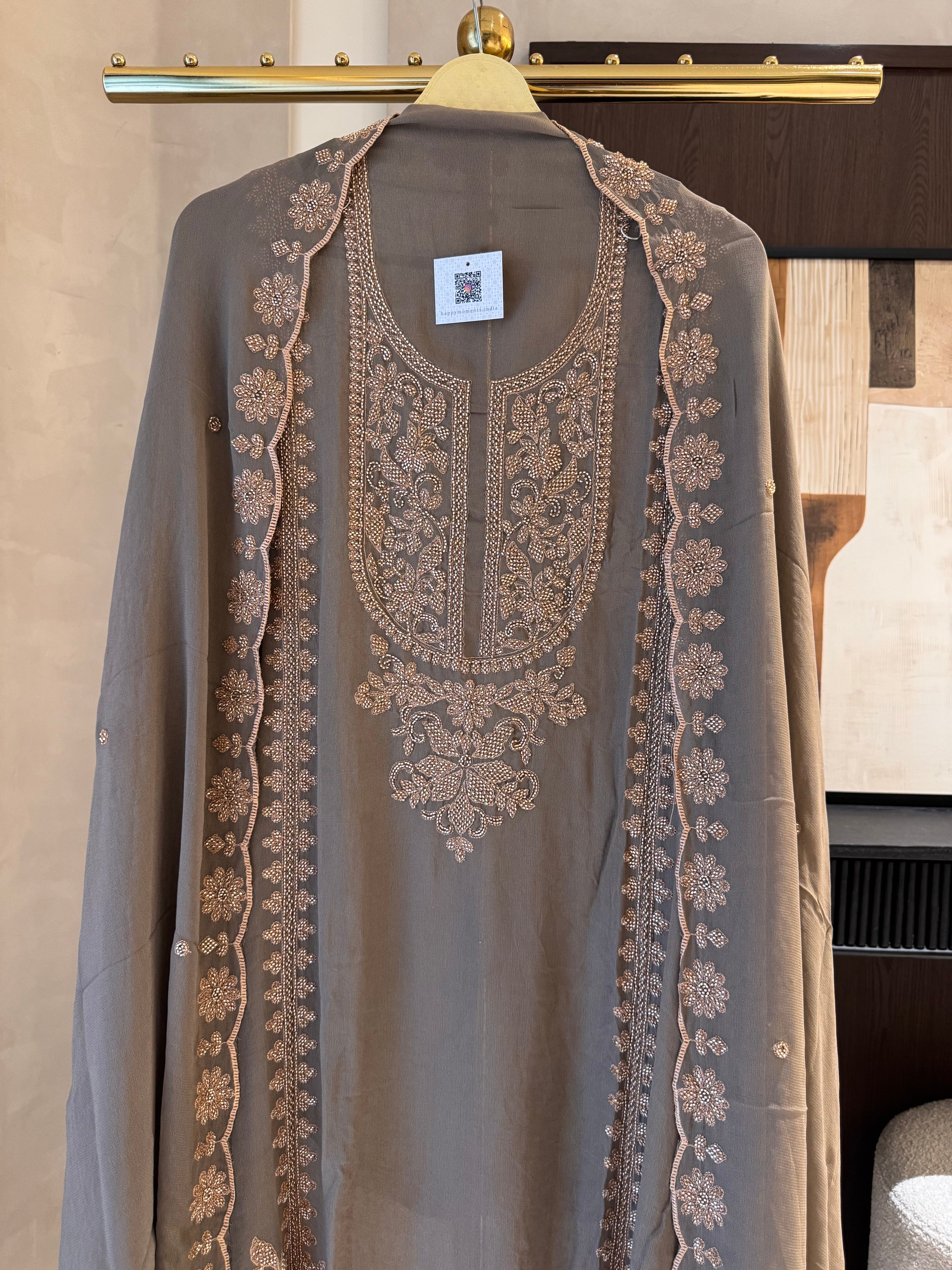 The Wren Bloom — Beadwork Embroidered Georgette Suit-ivory-close up