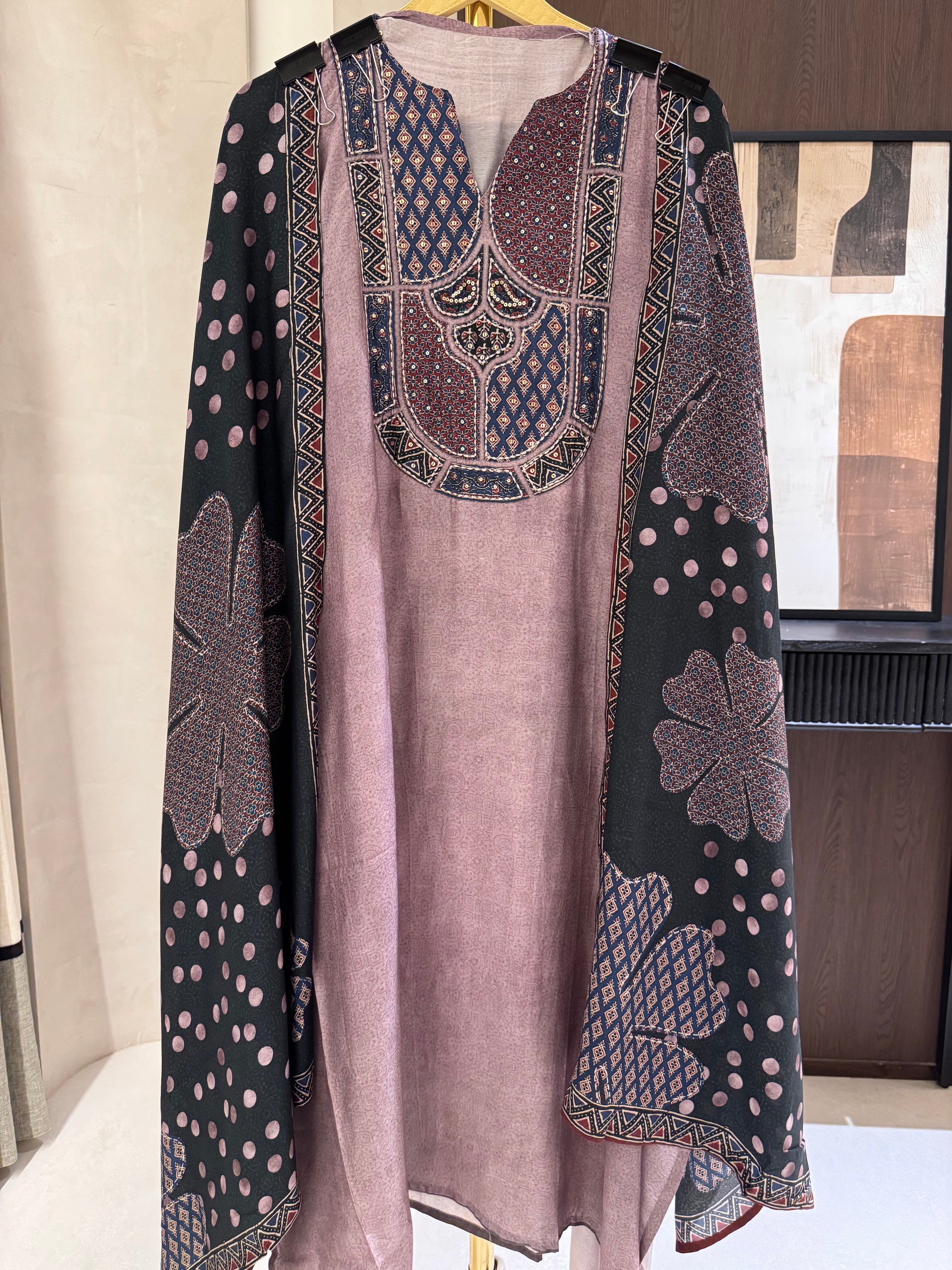 The Rang Aura — Russian Silk Suit with Sequin Embellished Yoke-mauve-front