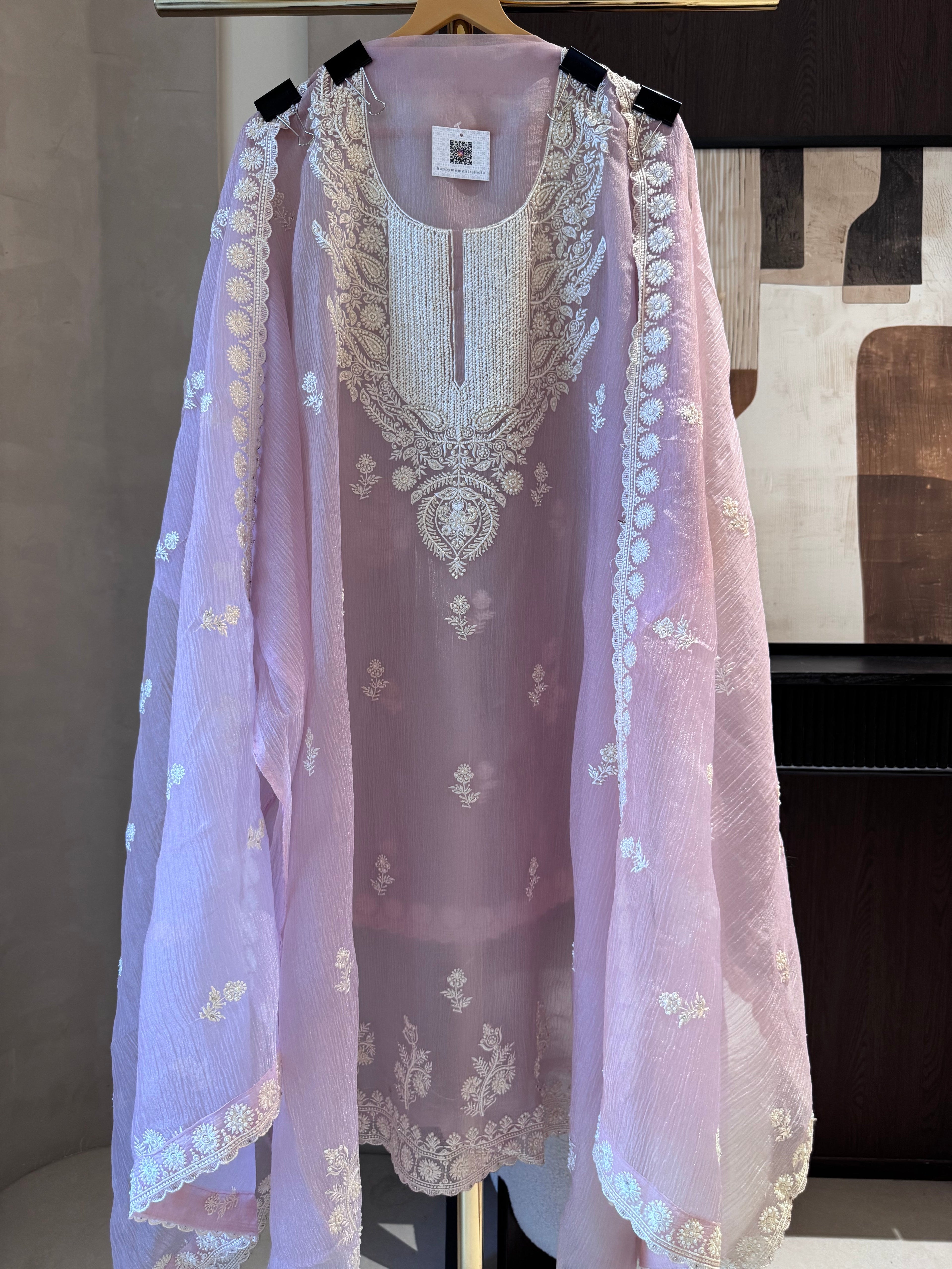 The Moti Aura — Marble Chiffon Suit with Pearl Katdana Work-peach-close up