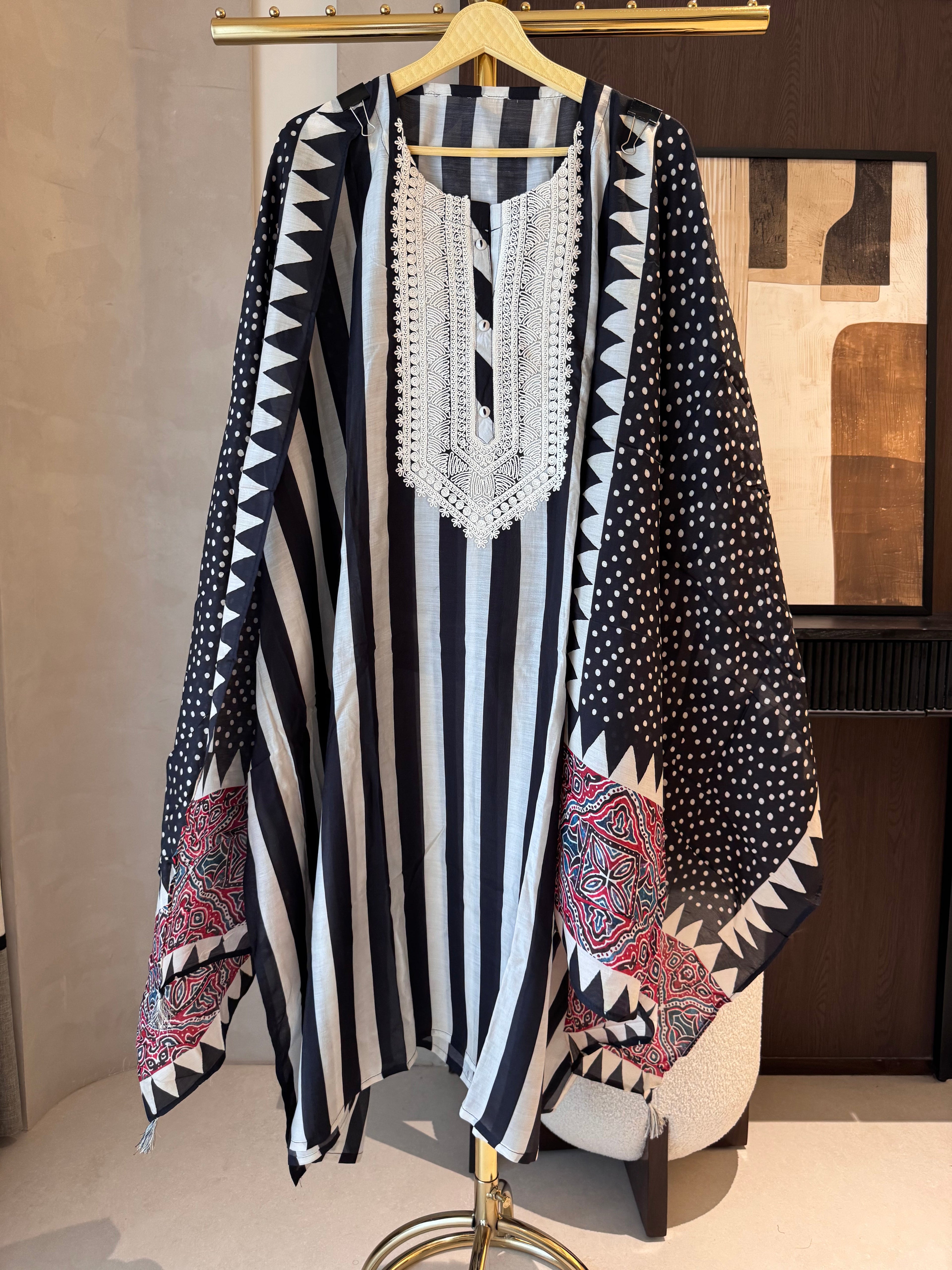 The Cassia Muse — Striped Muslin Suit with Dori Work-black-front