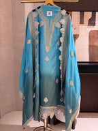 The Leaf Filigree — Crush Shimmer Suit with Cutwork Potli-pink purple ombre-front