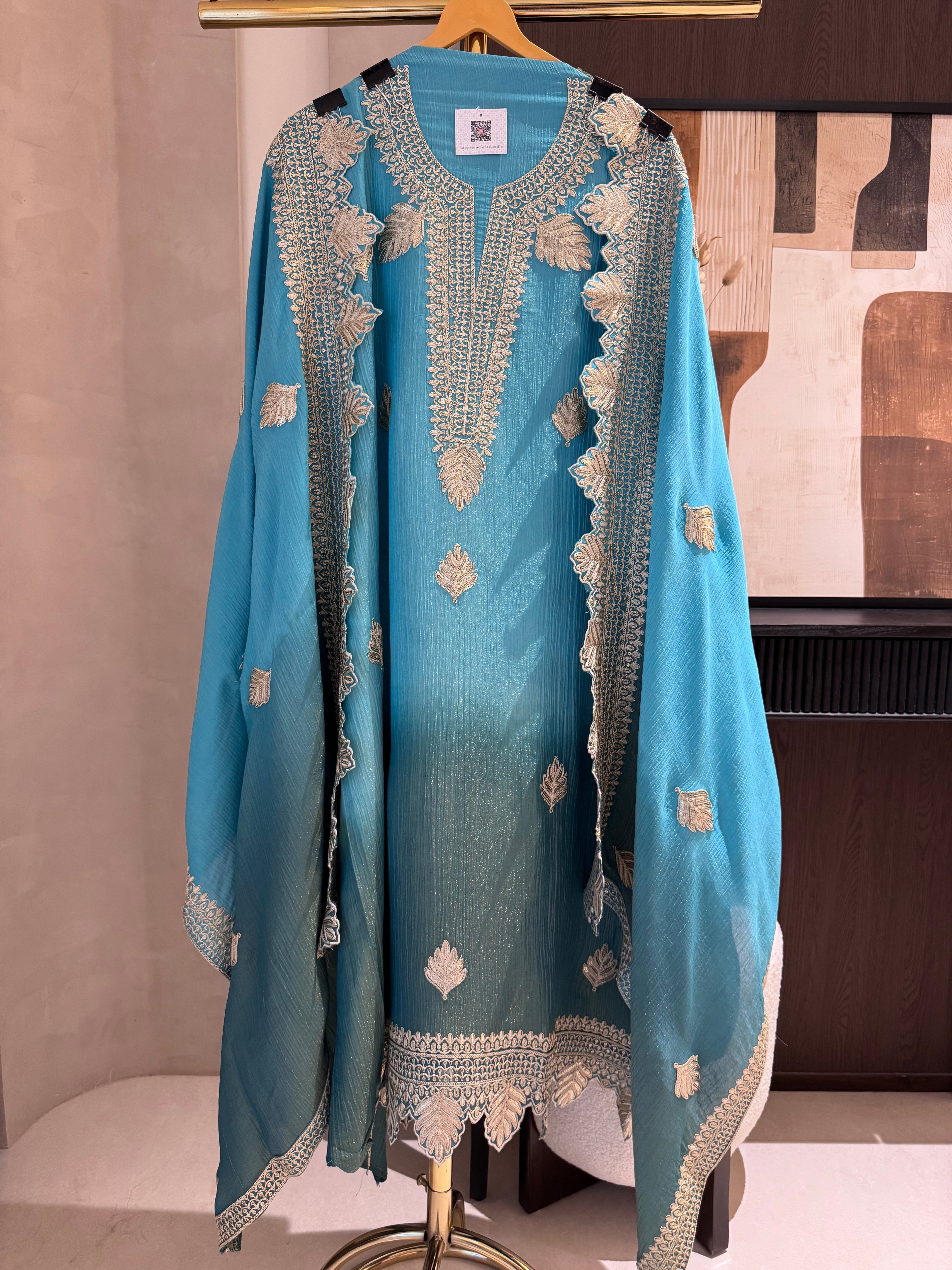 The Leaf Filigree — Crush Shimmer Suit with Cutwork Potli-pink purple ombre-front