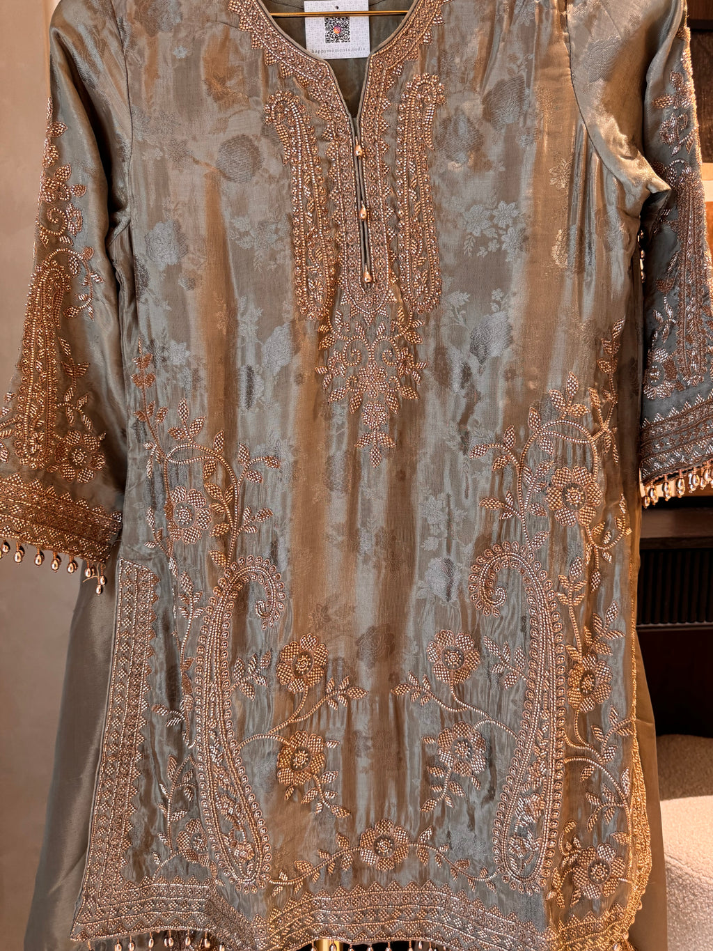 The Aura Muse — Silk Self-Embossed Suit with Organza Dupatta-olive-close up 
