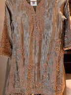 The Aura Muse — Silk Self-Embossed Suit with Organza Dupatta-olive-close up 