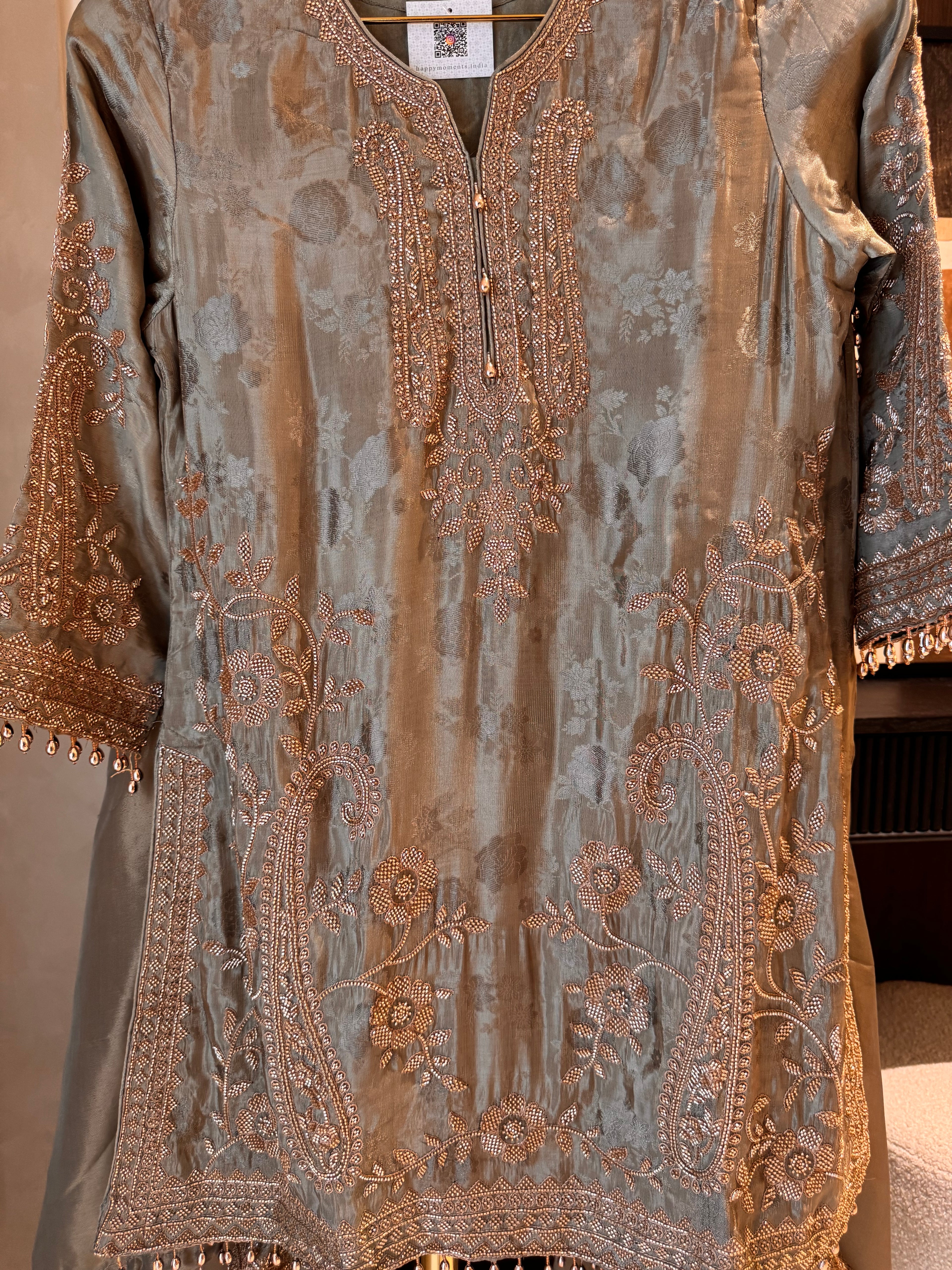 The Aura Muse — Silk Self-Embossed Suit with Organza Dupatta-olive-close up 