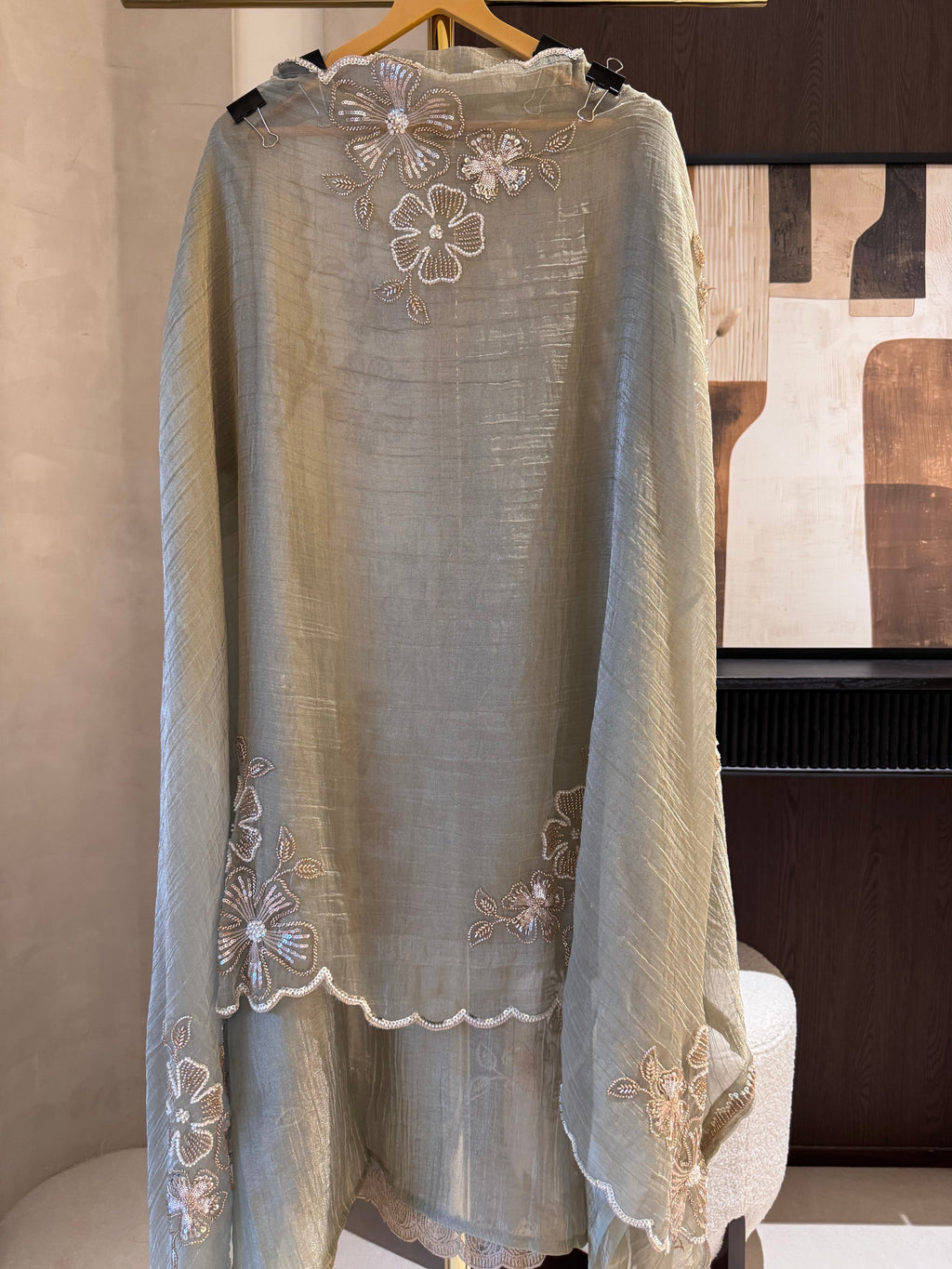 The Twilight Bling — Crush Shimmer Suit with Bead Work Scallops-rose taupe-close up
