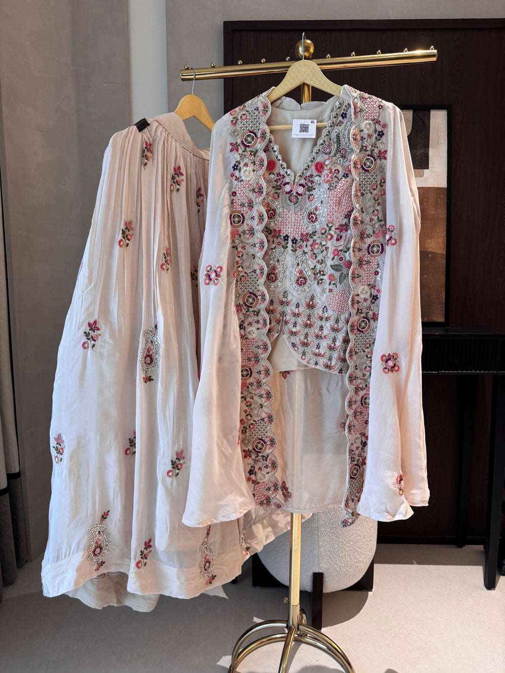 The Seraphine Bloom — Indowestern Cape Set with Zardosi Embroidery-ivory-close up