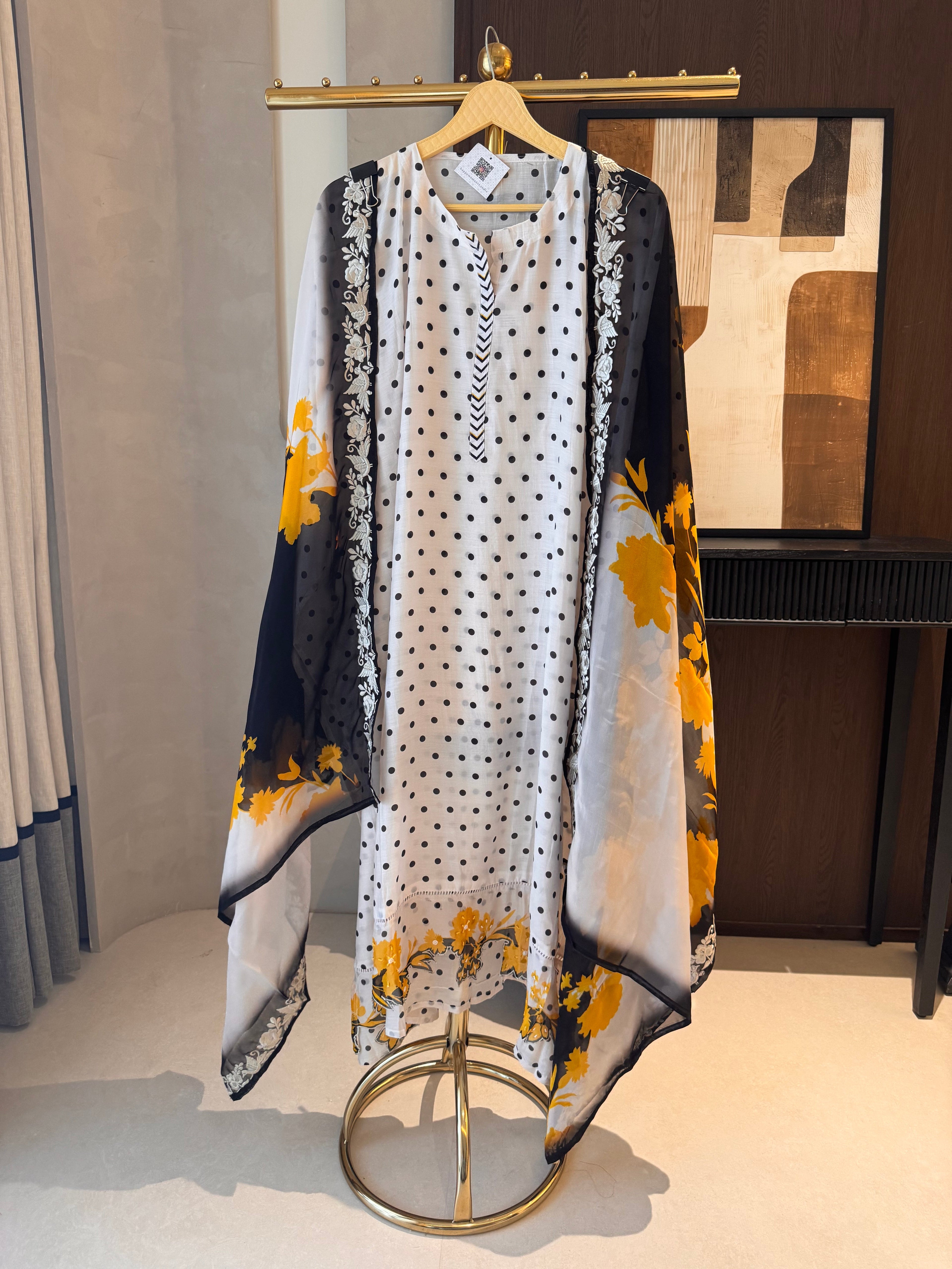 The Ishq Bloom — Polka Dot Muslin Suit with Cutwork Hem-ivory-front