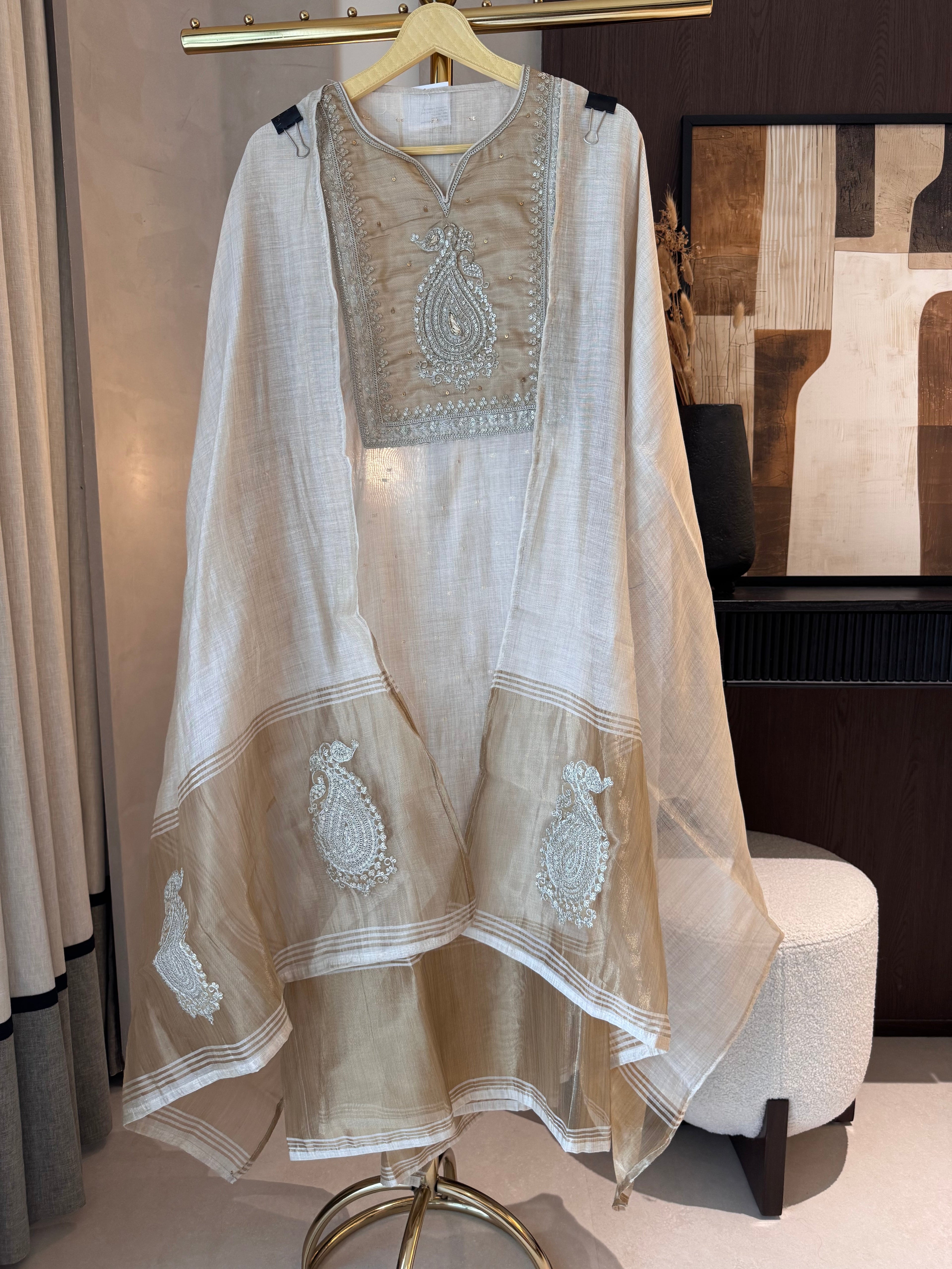 Kavya — Jamdhani Suit Set with Zardosi Highlights-ivory-front