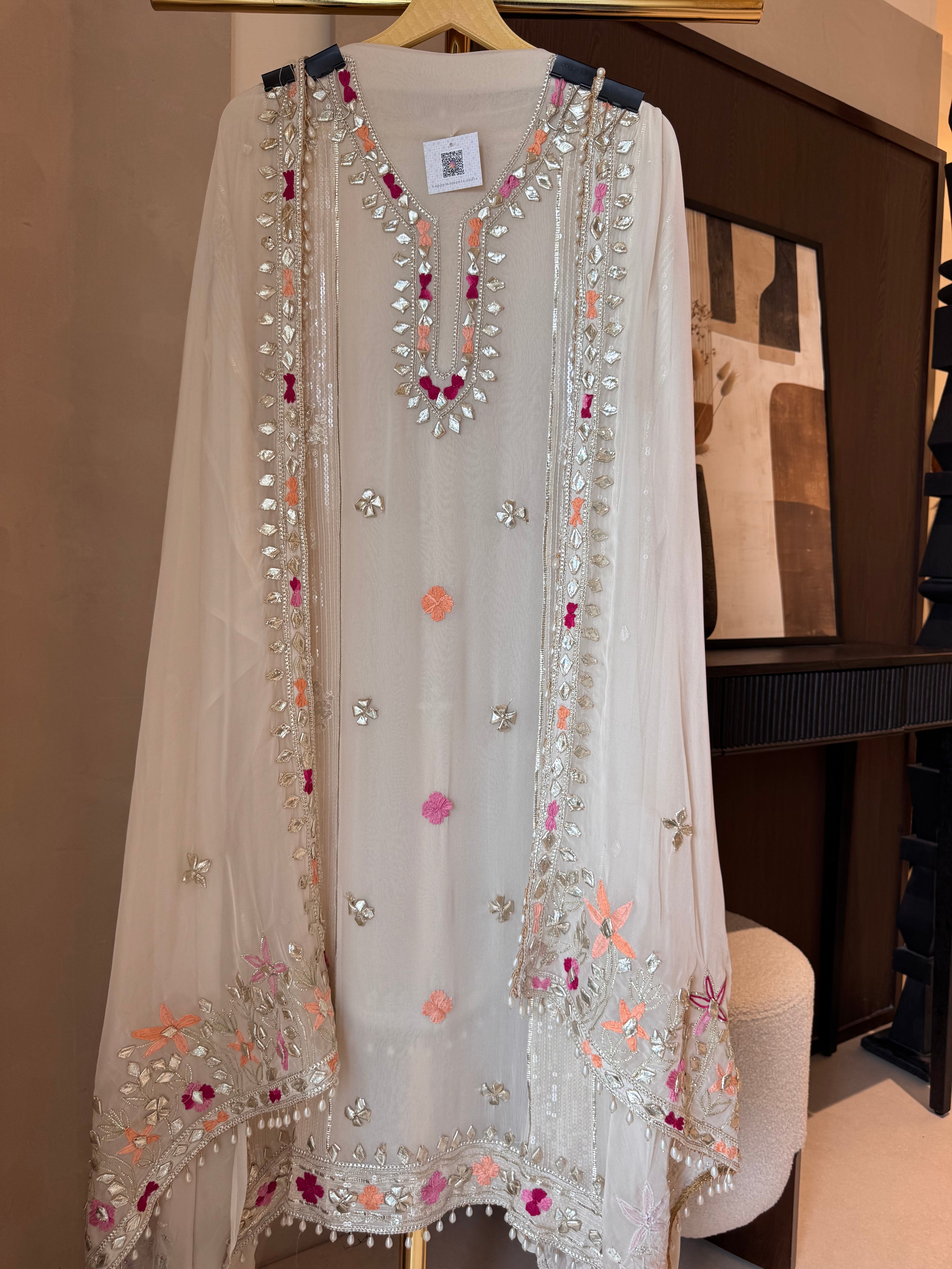 The Gilded Petals — Georgette Suit with Gota & Tassel Work-ivory front
