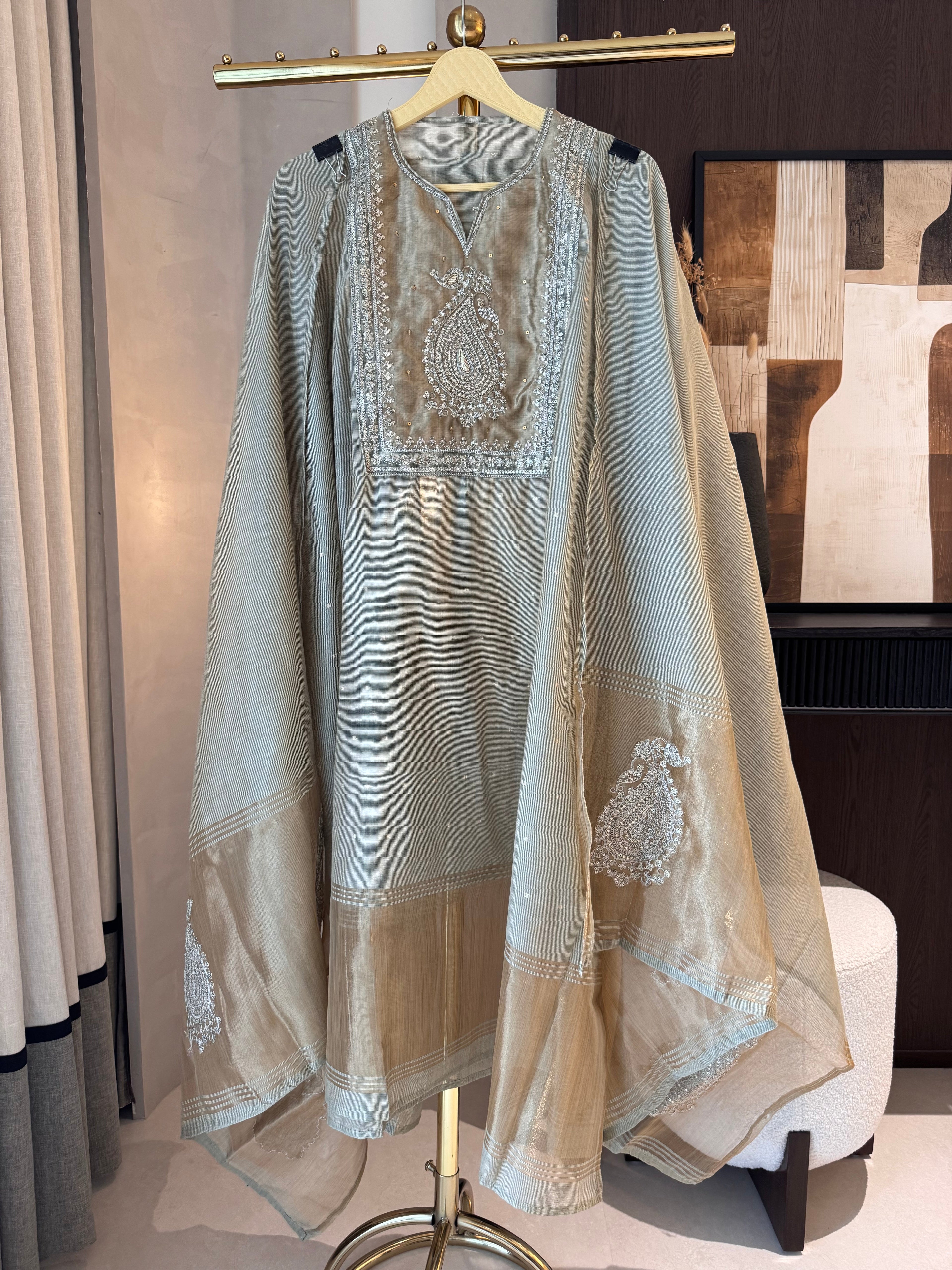 Kavya — Jamdhani Suit Set with Zardosi Highlights-pista-front