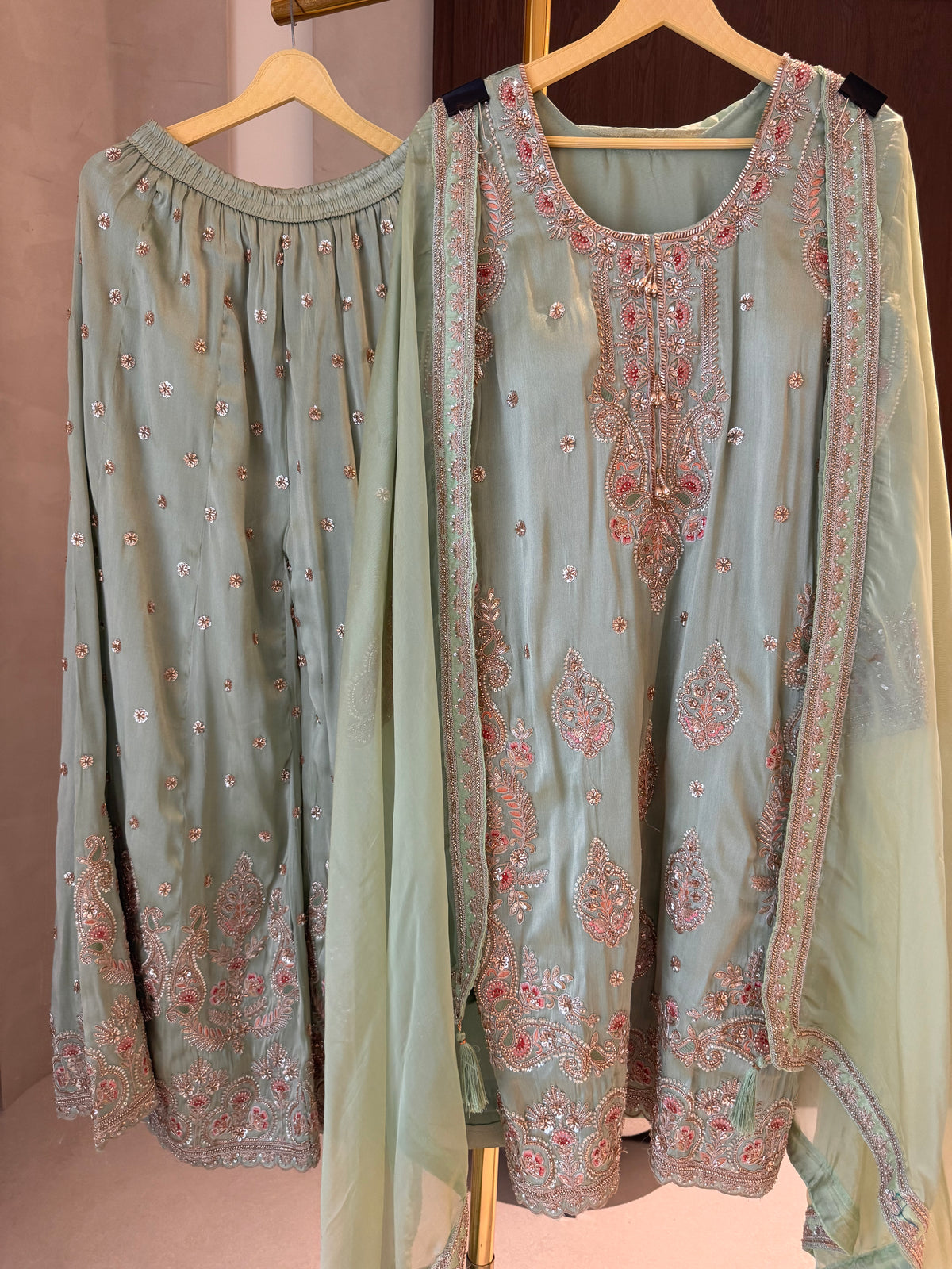 The Meena Aura — Shimmer Silk Set with Thread & Bead Work