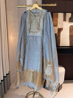 Kavya — Jamdhani Suit Set with Zardosi Highlights-grey-dupatta