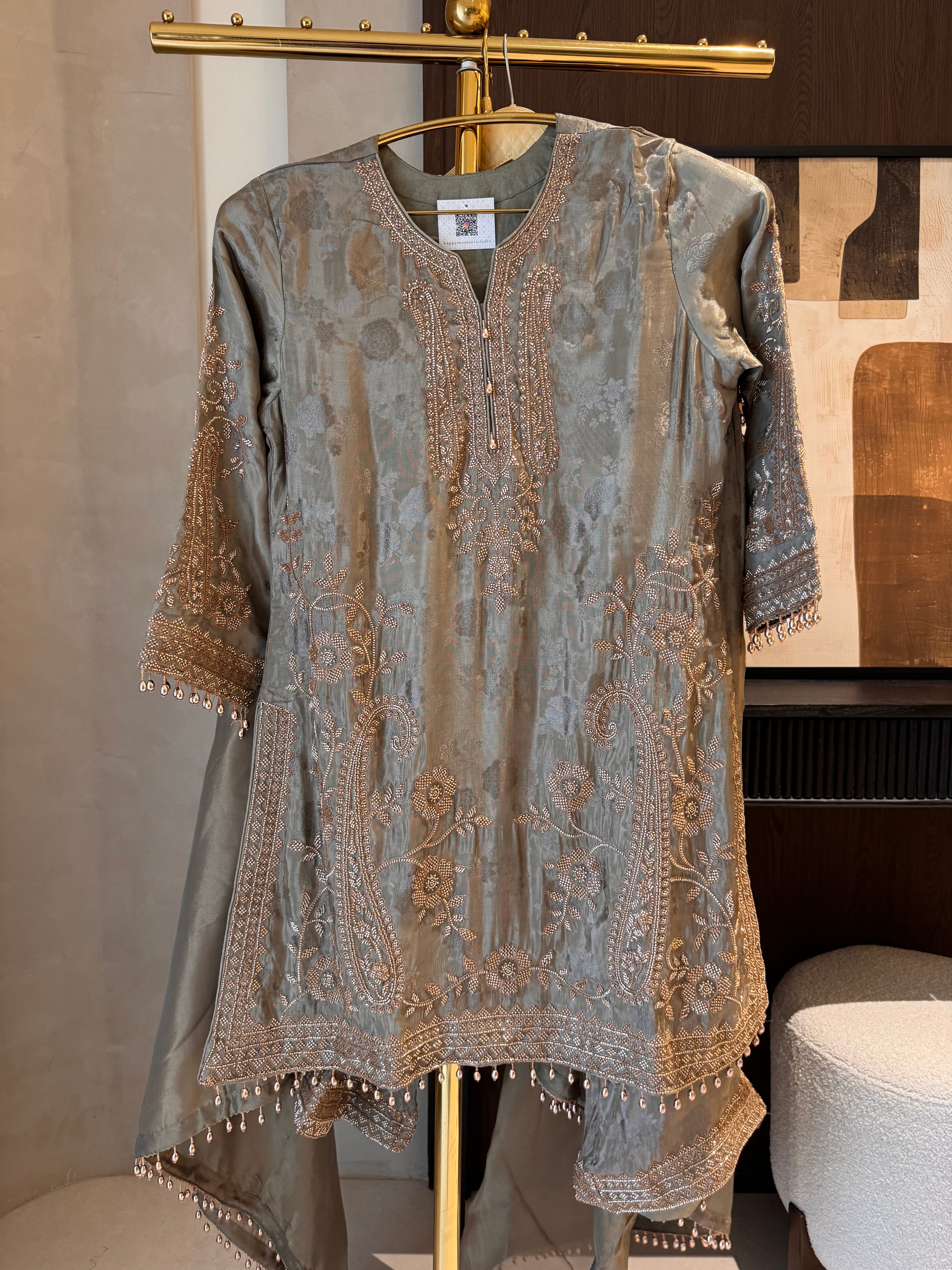 The Aura Muse — Silk Self-Embossed Suit with Organza Dupatta-olive- front