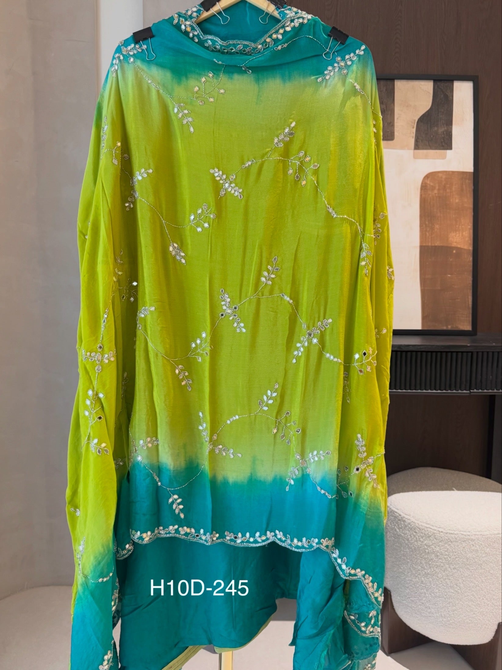 The Rang Bloom — Silk Suit with Handwork & Shaded Chinnon Dupatta-green- dupatta 