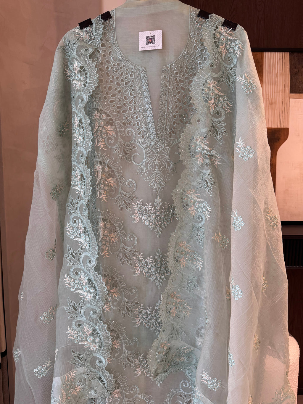 The Ivy Muse — Marble Chiffon Suit with Cutwork & Swarovski-peach-close up