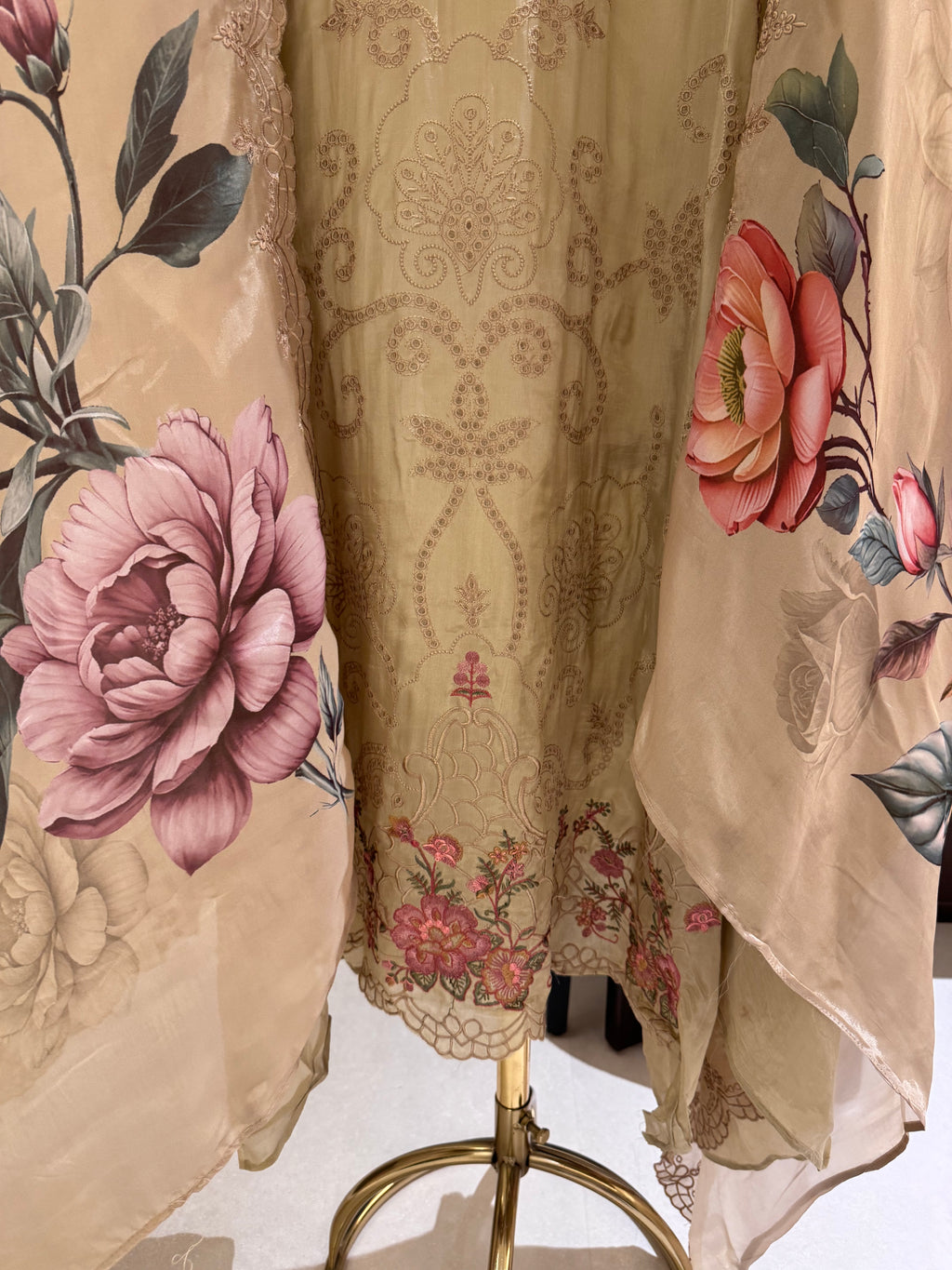 The Garden Scroll — Glass Organza Suit with Digital Print Dupatta-golden beige-front-hem close up
