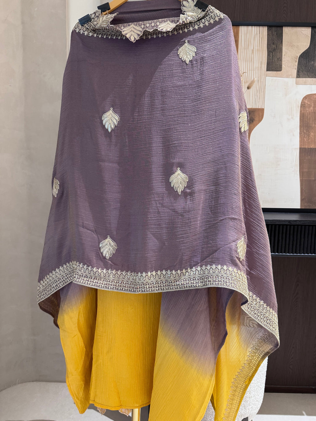 The Leaf Filigree — Crush Shimmer Suit with Cutwork Potli-mauve yellow ombre-close up