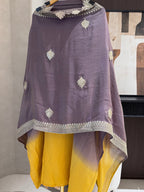 The Leaf Filigree — Crush Shimmer Suit with Cutwork Potli-mauve yellow ombre-close up