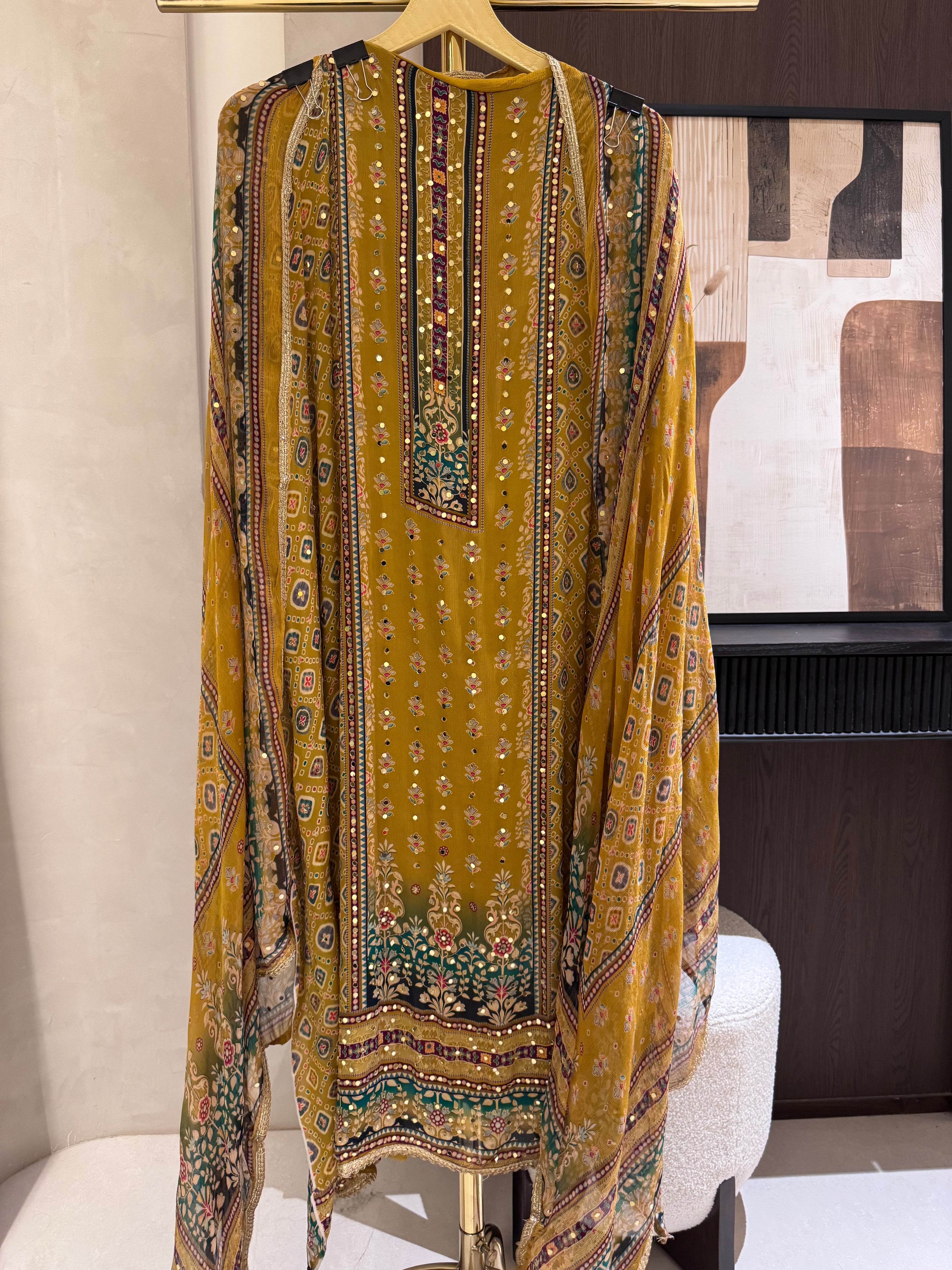 The Hailey Bloom — Chinnon Digital Print Suit with Mirror Work-olive green-front
