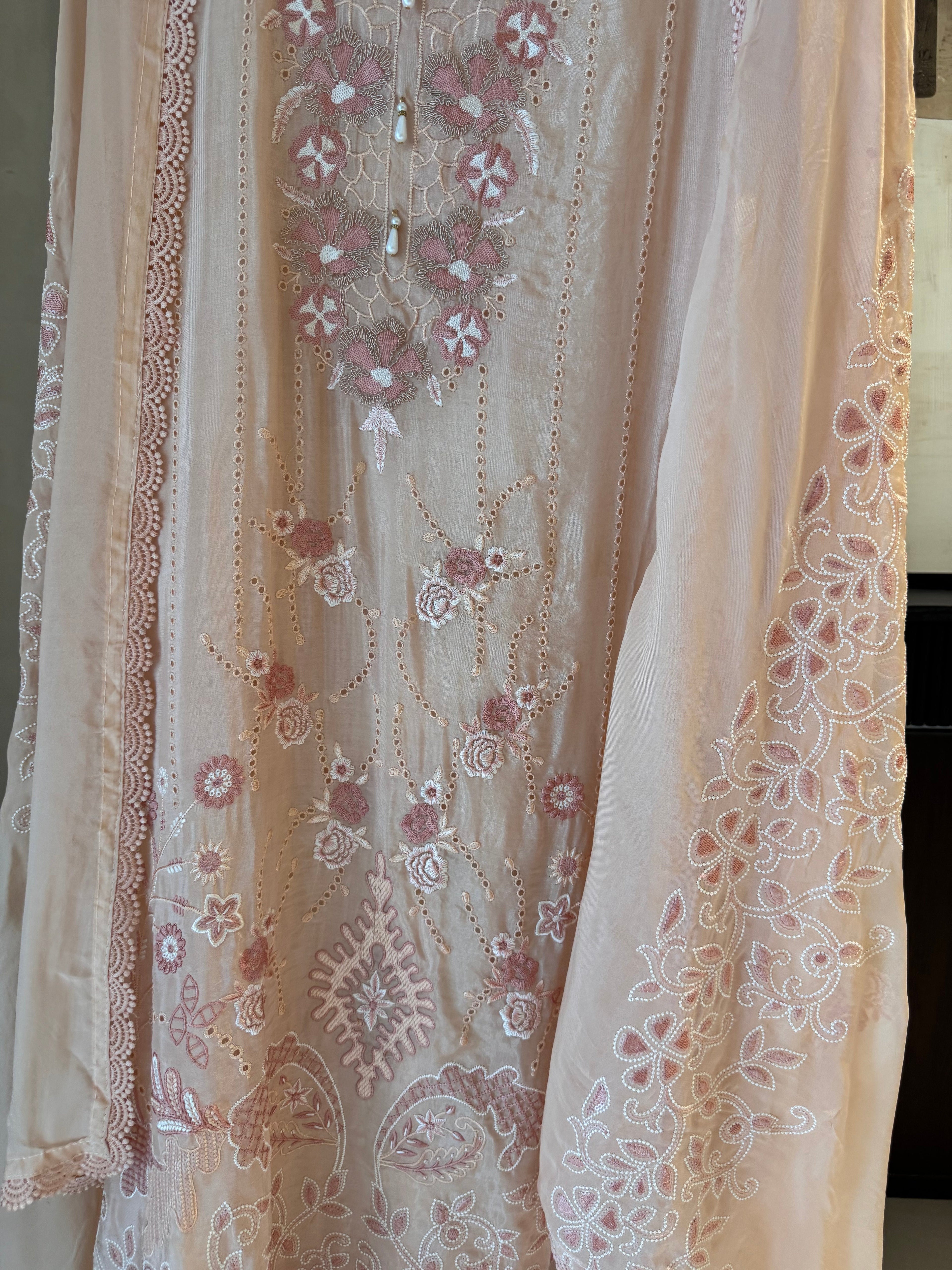 Meher — Glass Organza Suit with Thread Work & Dori Highlights-pink-close up