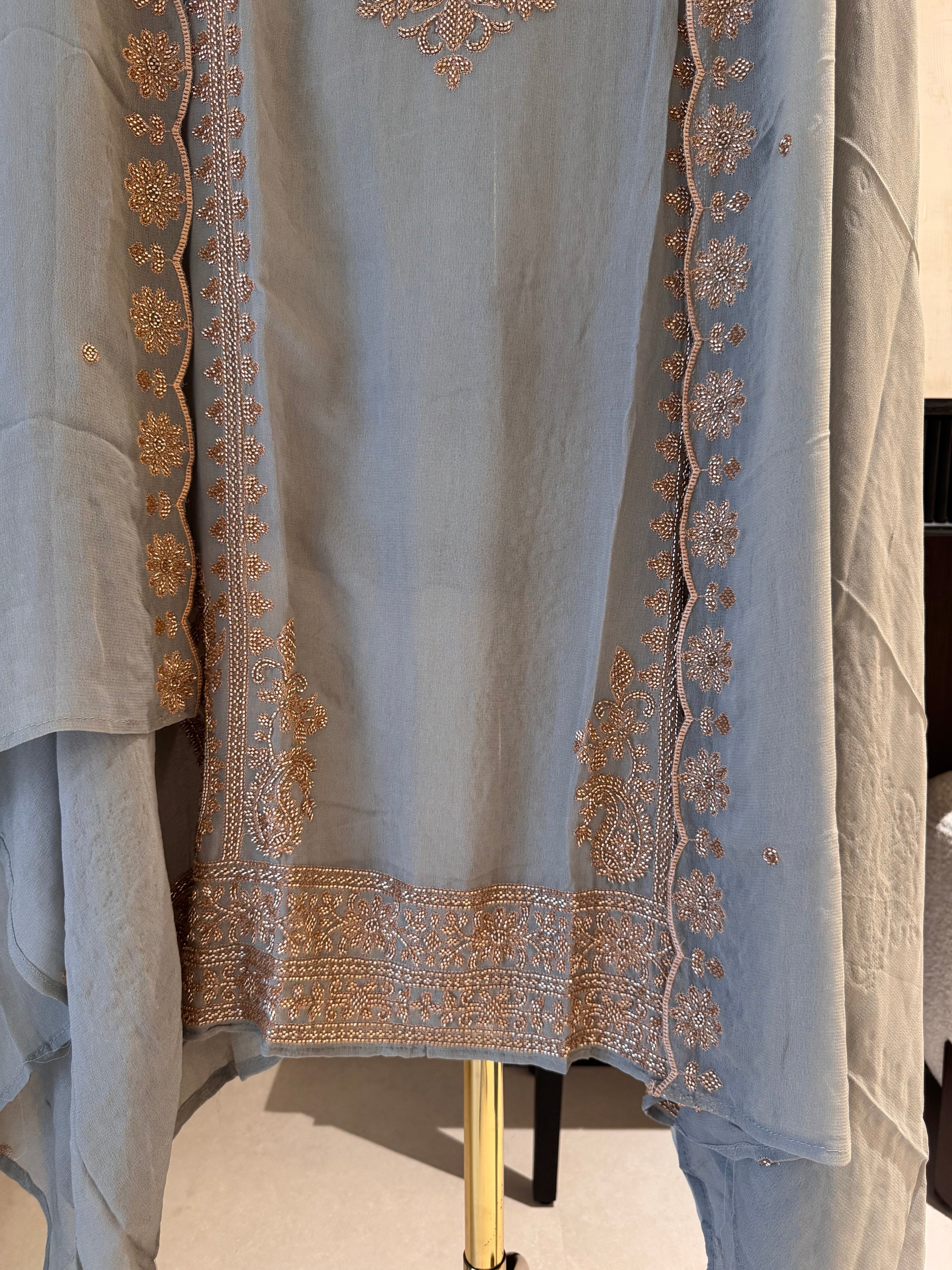 The Wren Bloom — Beadwork Embroidered Georgette Suit-slate blue gray-close up
