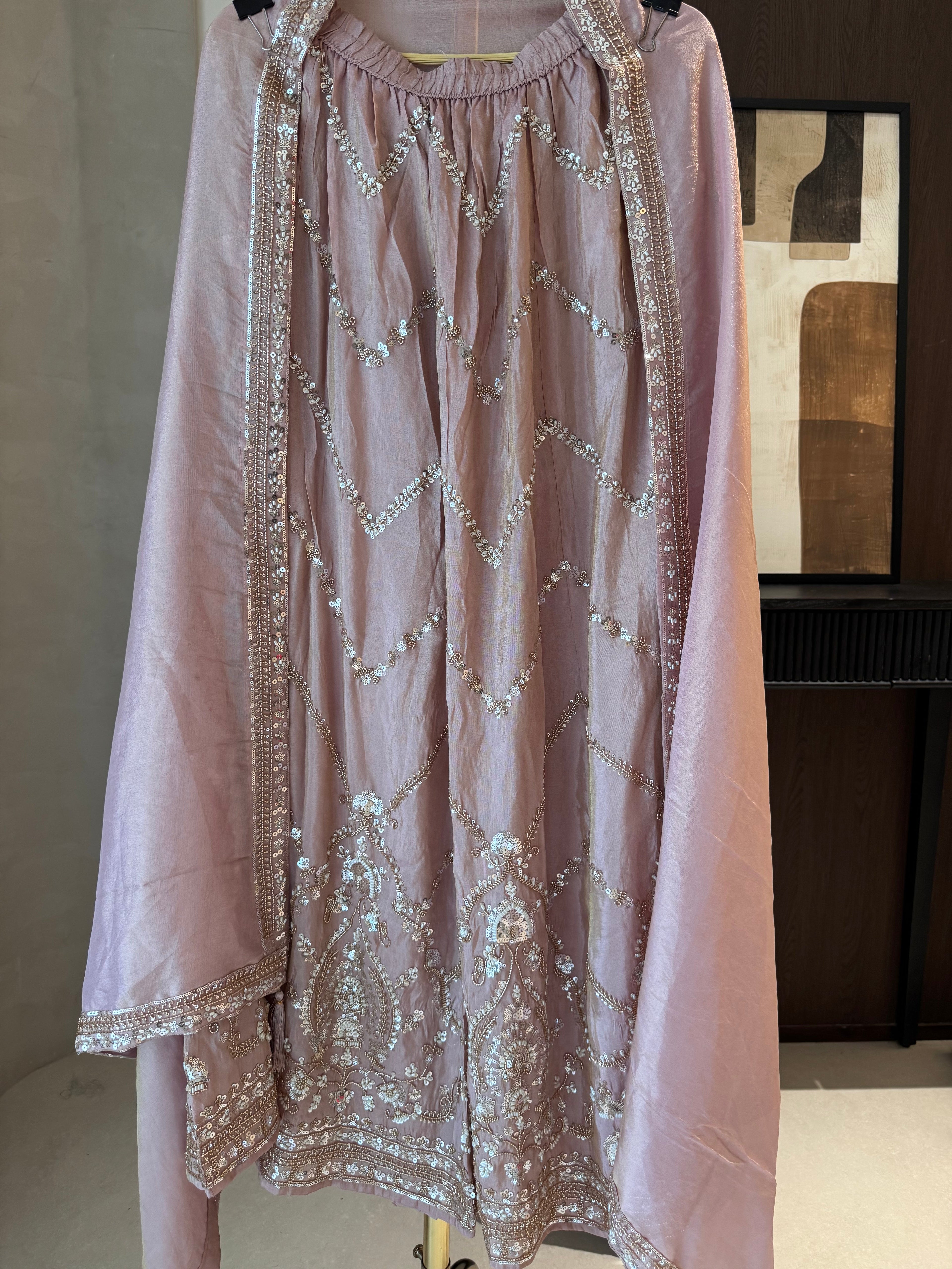 The Elysian Charm — Shimmer Silk Palazzo Suit with Tassel Detail-lilac-close up