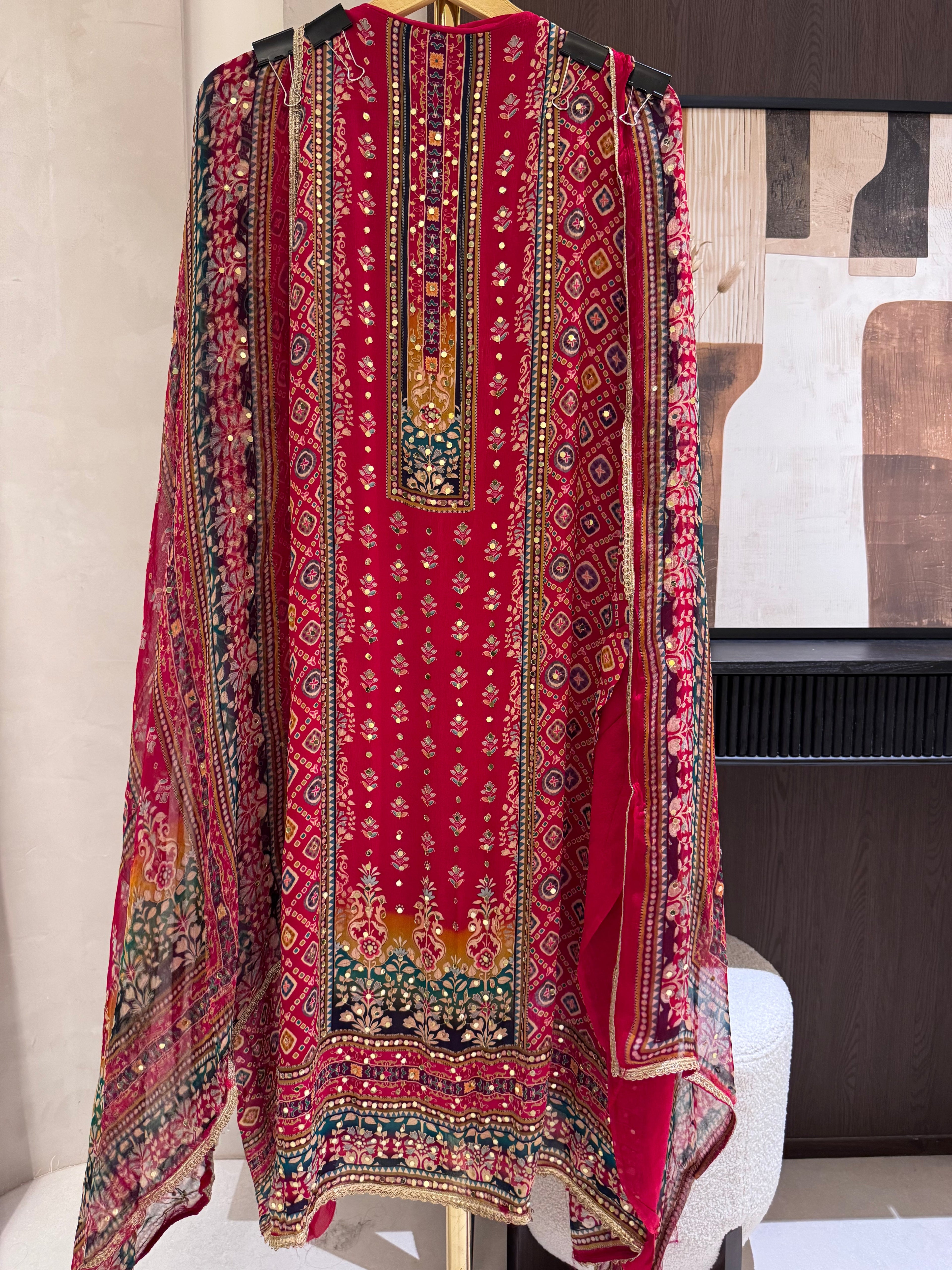 The Hailey Bloom — Chinnon Digital Print Suit with Mirror Work-charcoal black-dupatta