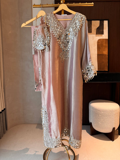 Giraffe Silk Readymade Long Top Set with Mirror Work & Potli