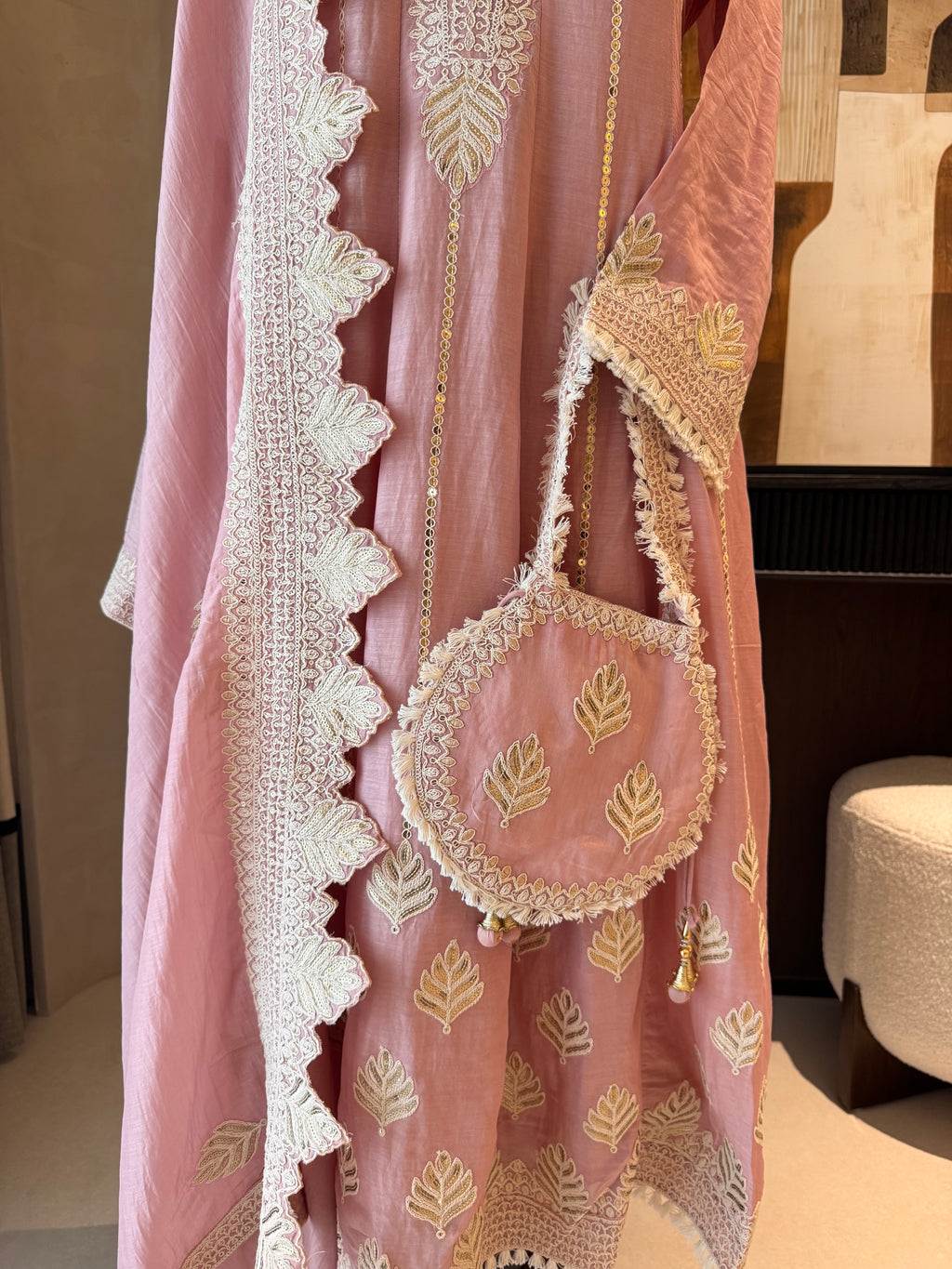 The Ivy Bloom — Mal Anarkali Set with Cutwork Dupatta & Potli-pink-close up