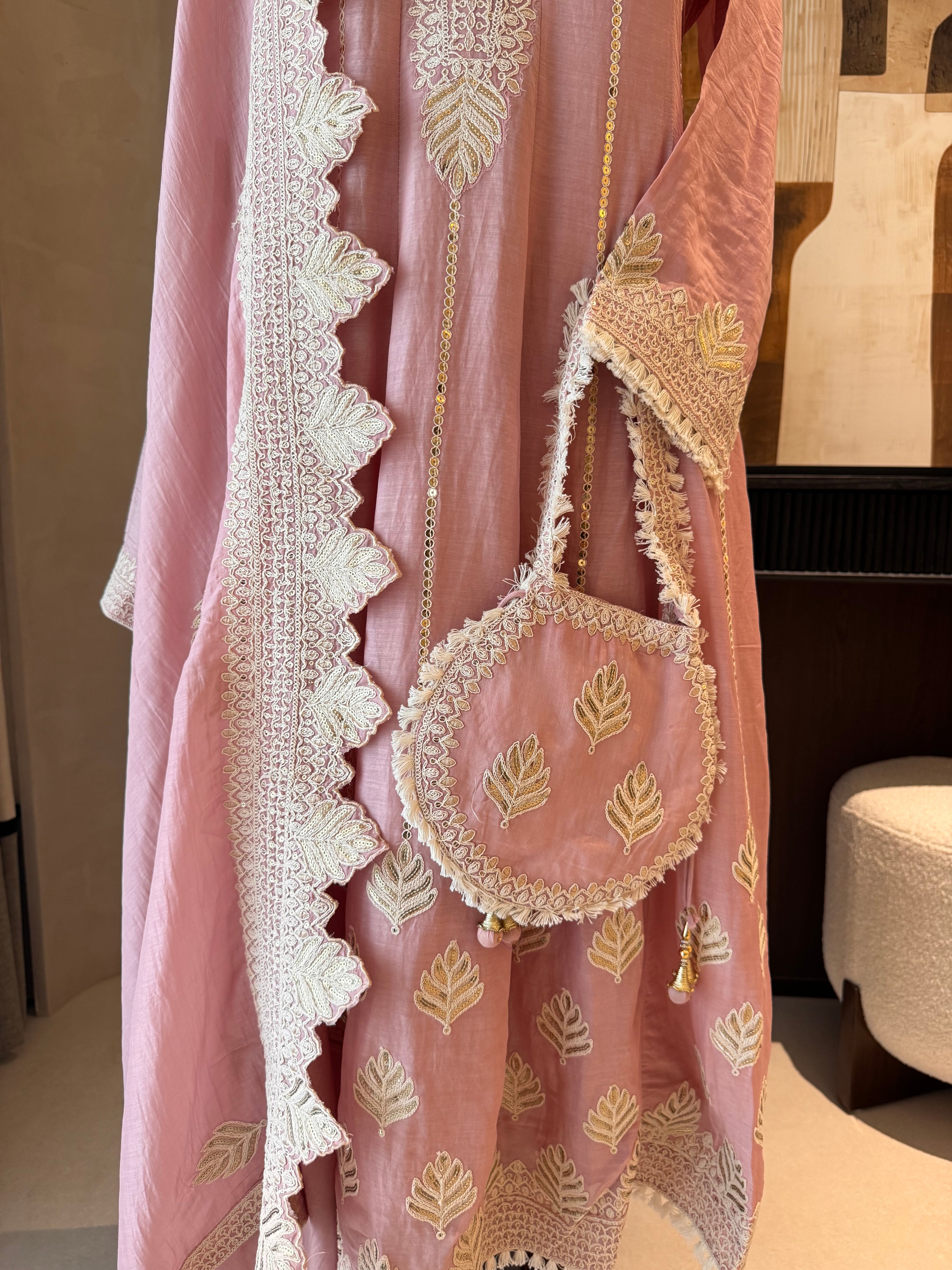 The Ivy Bloom — Mal Anarkali Set with Cutwork Dupatta & Potli-pink-close up