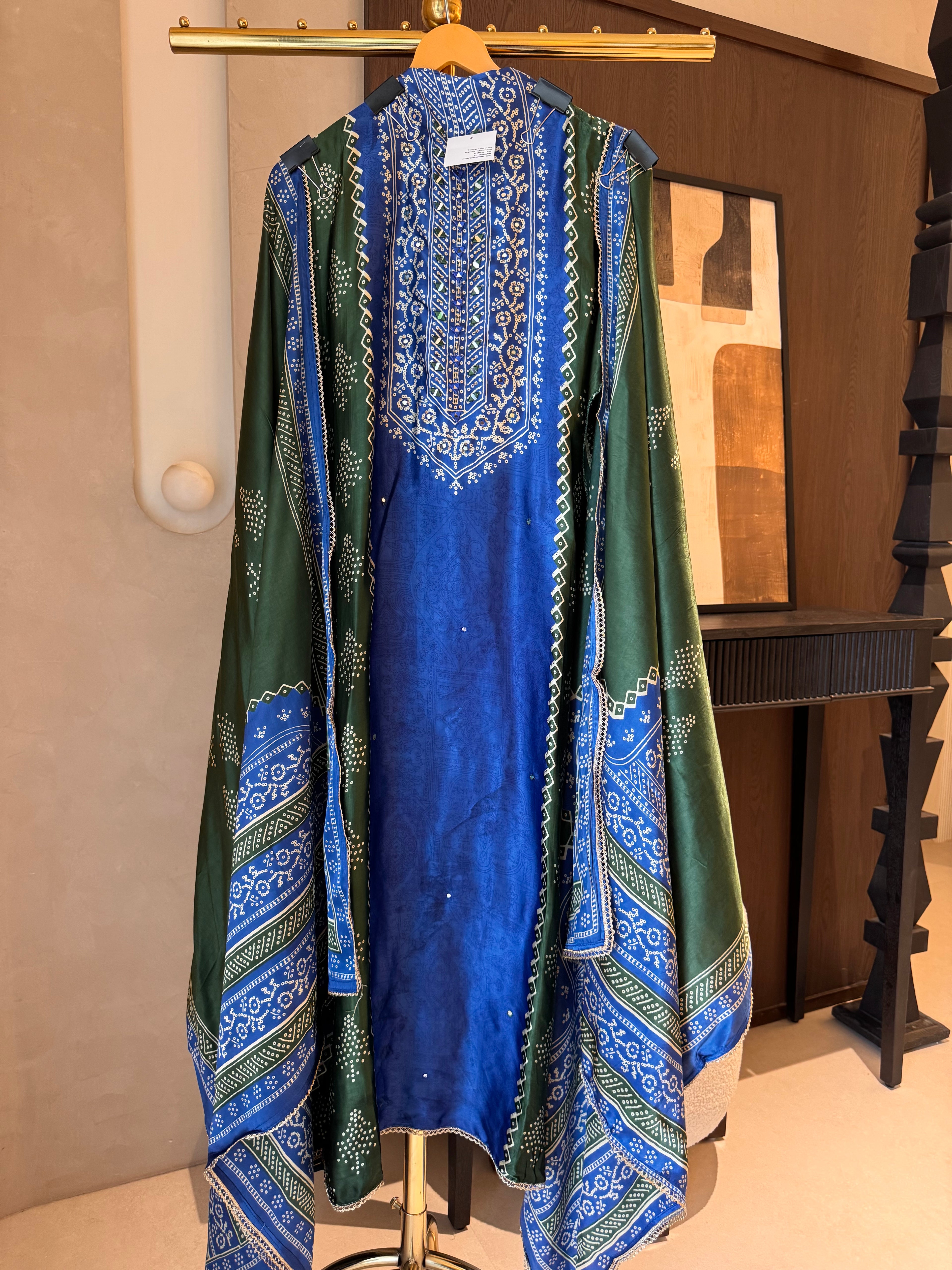 The Kaanch Bandhej — Gaji Silk Suit with Mirror Work-blue green- front
