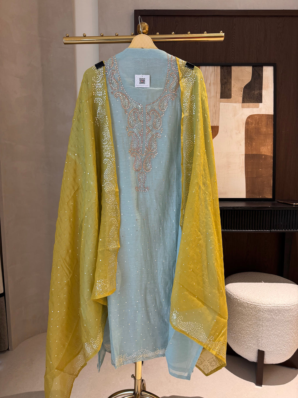 The Sanjh Bloom — Mul Suit with Mukesh & Zardozi Work-light blue-front