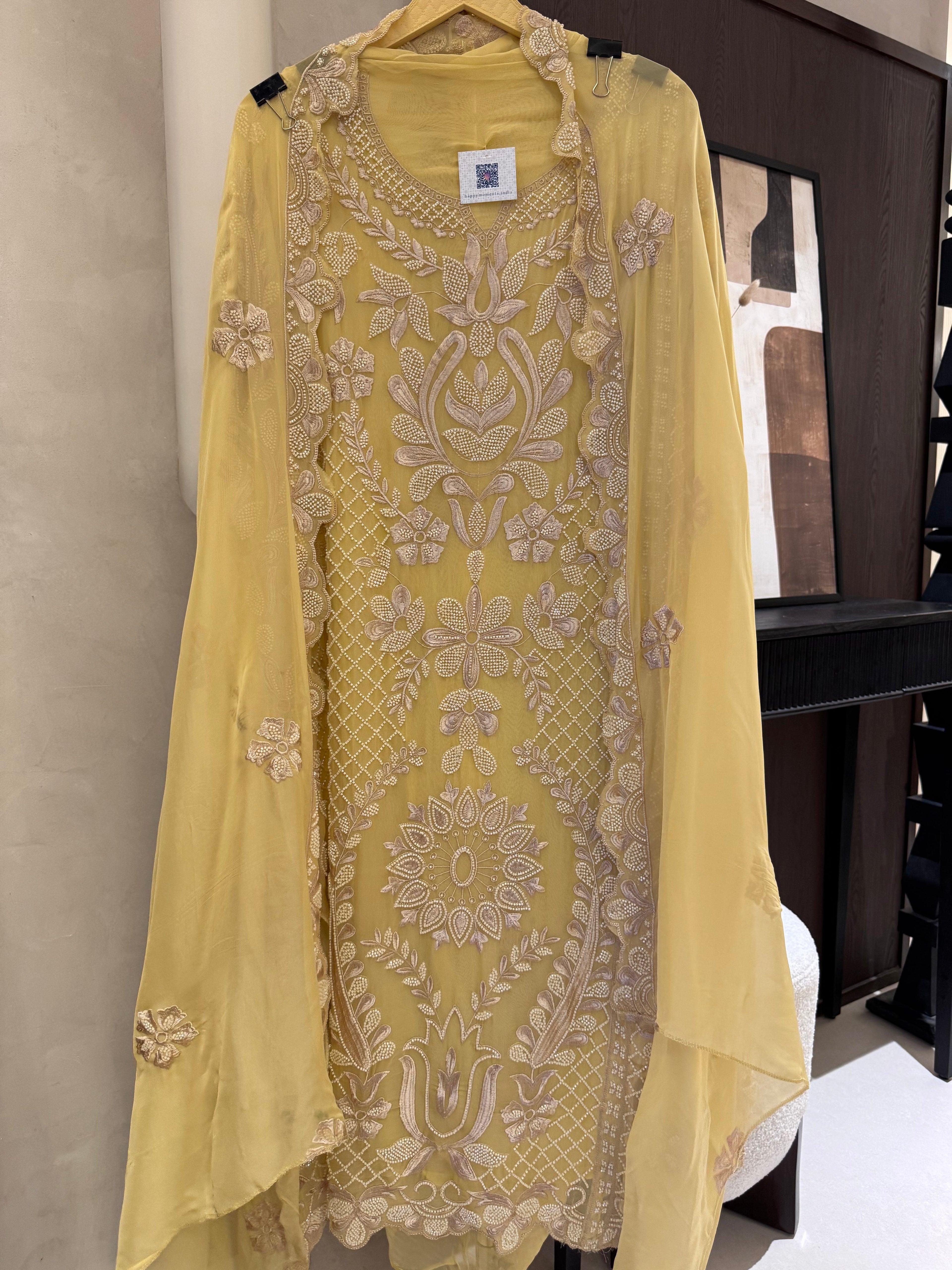The Pearl Symphony — Organza Suit with Pearl Bead Work-sage green-close up