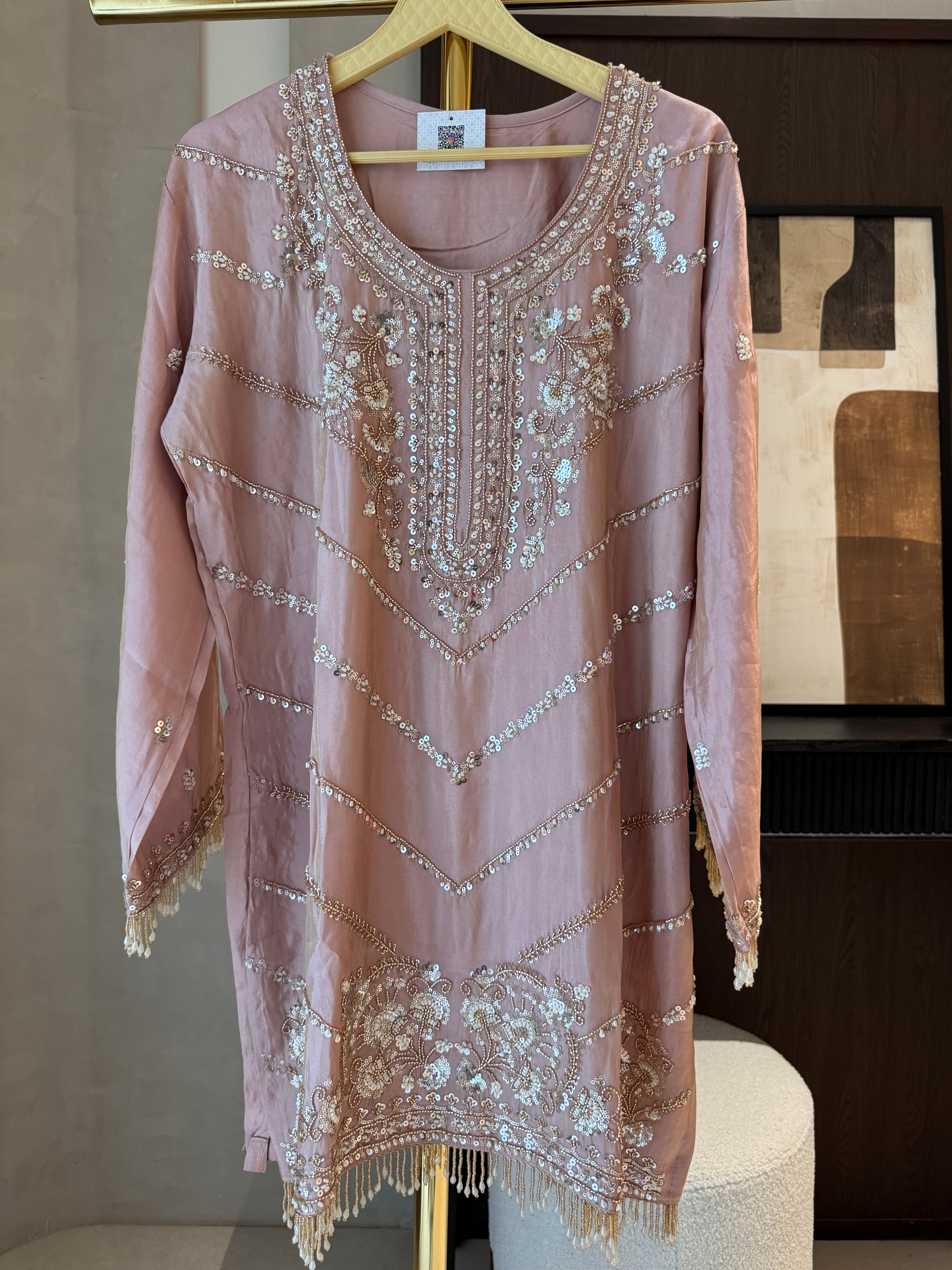 The Elysian Charm — Shimmer Silk Palazzo Suit with Tassel Detail-pink-close up