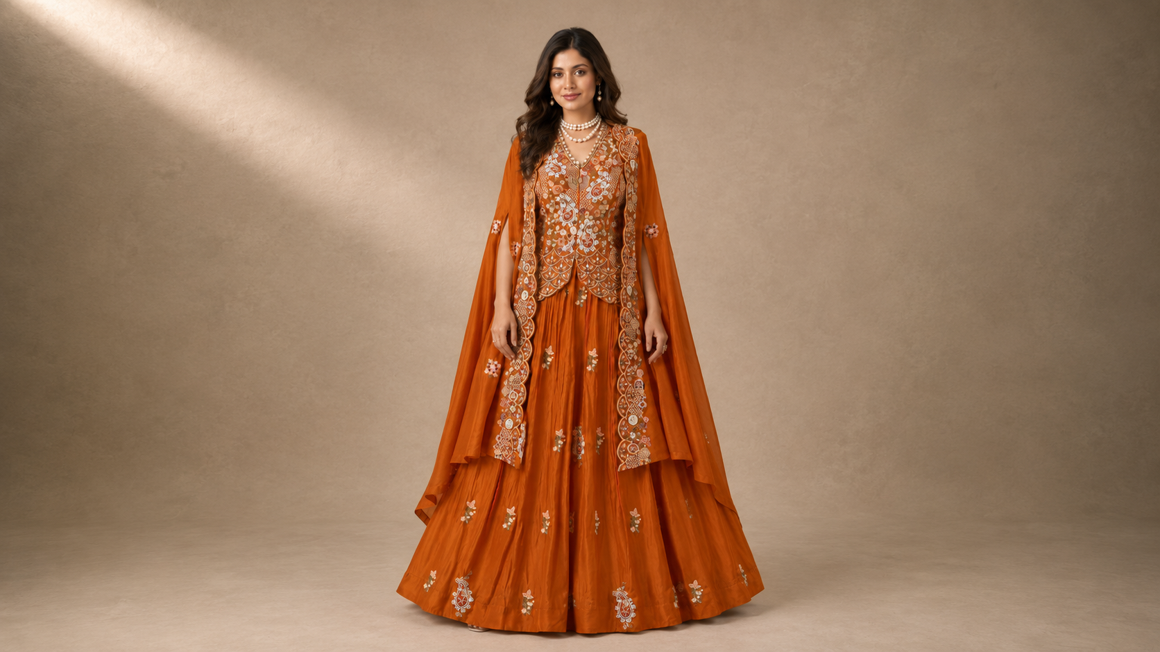 The Seraphine Bloom — Indowestern Cape Set with Zardosi Embroidery-front