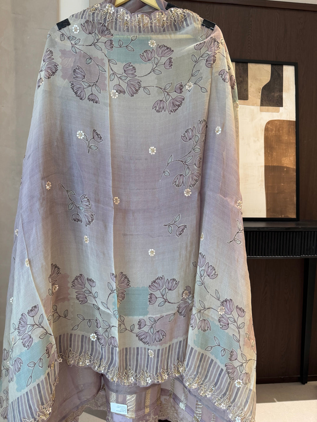 Sanjhi — Shimmer Tissue Suit with Digital Print Organza Dupatta-peach-close up